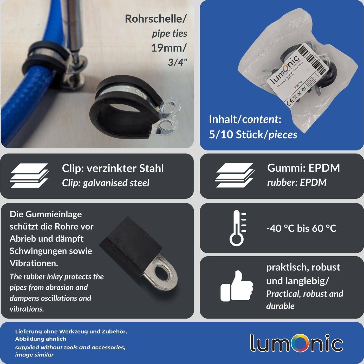 10x P-Clip Leitungsschelle mit Gummi 19mm Rohrschelle Befestigungsschelle
