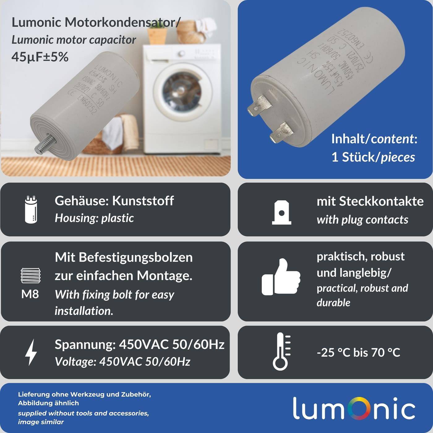 Lumonic Anlaufkondensator 45µF 450V | mit Stecker I 45x84mm I 45uF I Motorkondensator mit Kunststoffgehäuse I Betriebskondensator I für Pumpen, Rasenmäher, Werkzeuge
