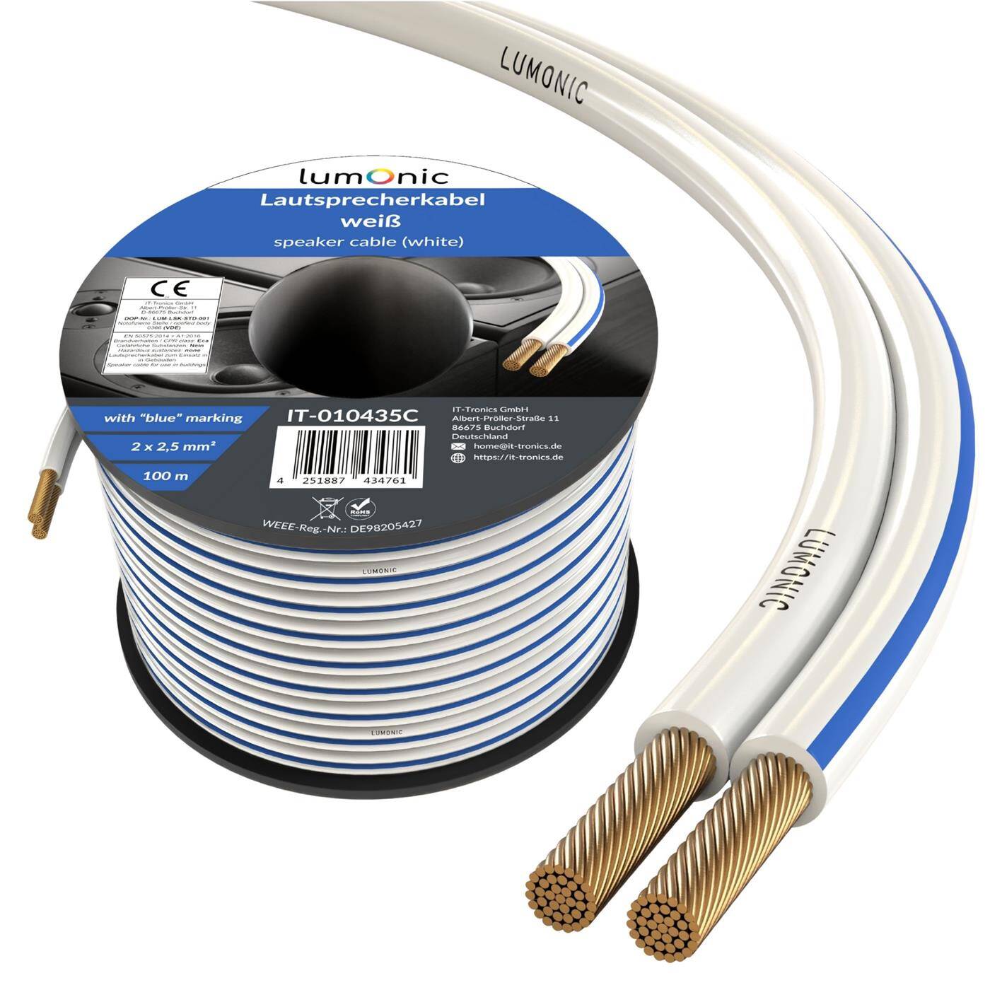 Lumonic Lautsprecherkabel | 100m Weiß | 2x 2,5mm² CCA | blaue Markierung HiFi Boxenkabel | Audio Zwillingsleitung