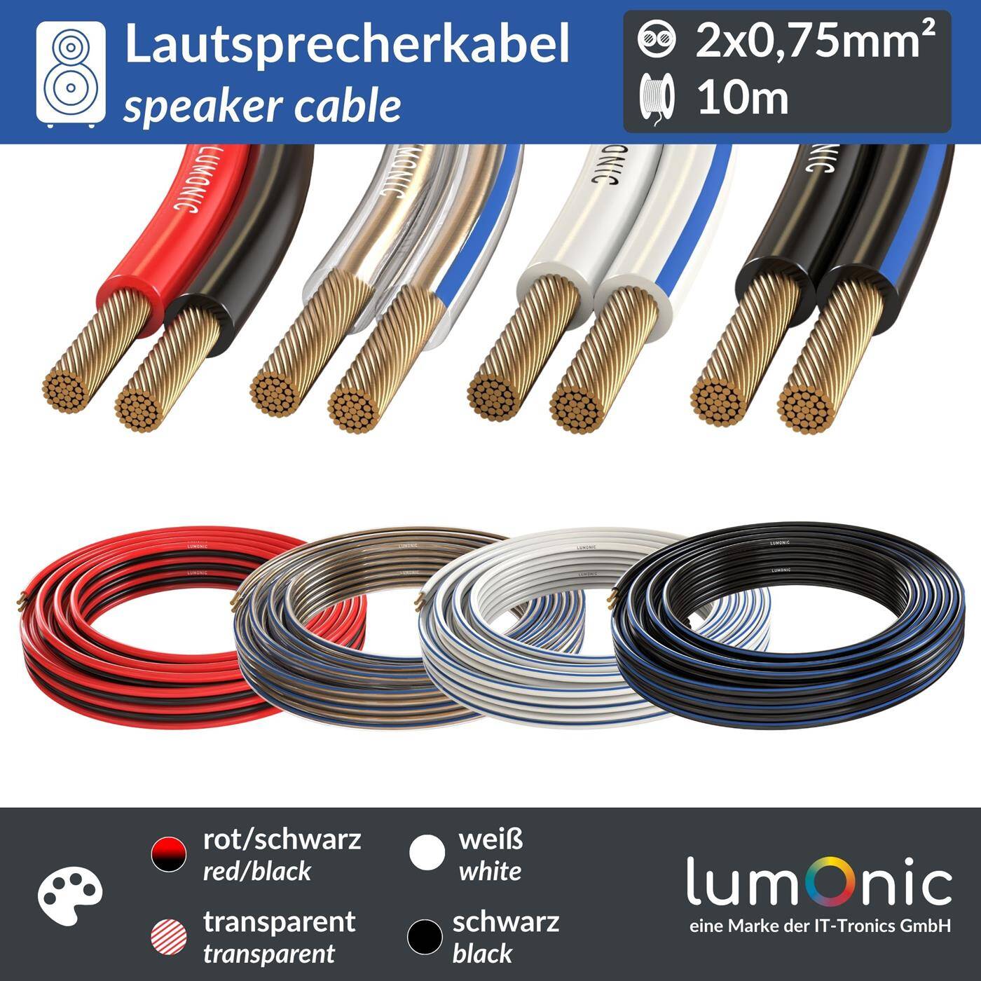 10m Lautsprecherkabel 2x 0,75mm² Rot Schwarz CCA HiFi Boxenkabel Audio Zwillingsleitung
