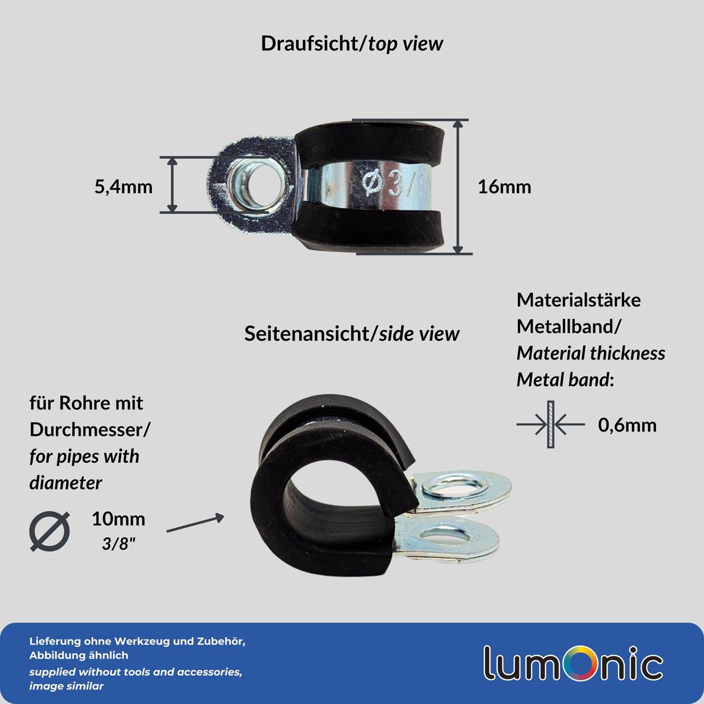 Lumonic 5x 10mm Rohrschellen mit Gummieinlage I Kabelschellen zum Schrauben I Schlauchschelle 10mm, Rohrschellen, Befestigungsschelle 10mm, Rohrhalterung