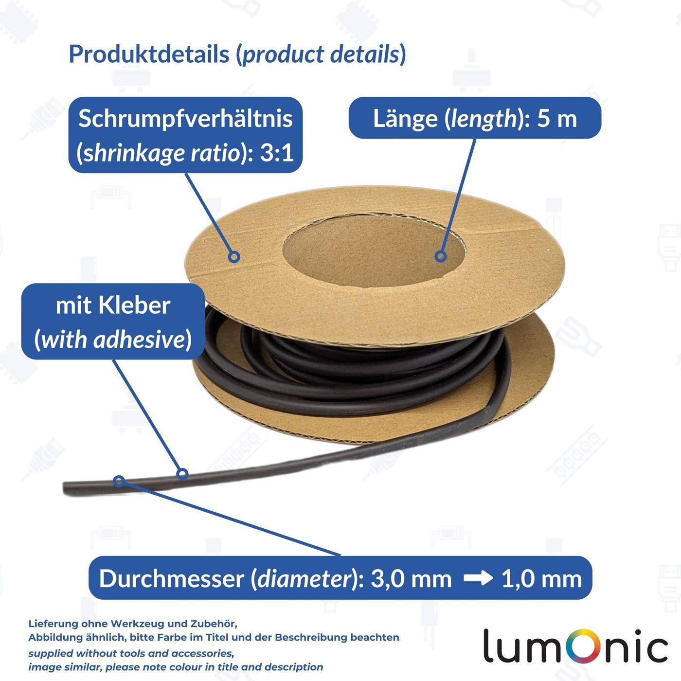 Lumonic 5m Schrumpfschlauch Box 3:1 mit Kleber Schwarz - Hier von: 3mm auf 1mm - Dickwandiger Schrumfpschlauch in verschiedenen Größen