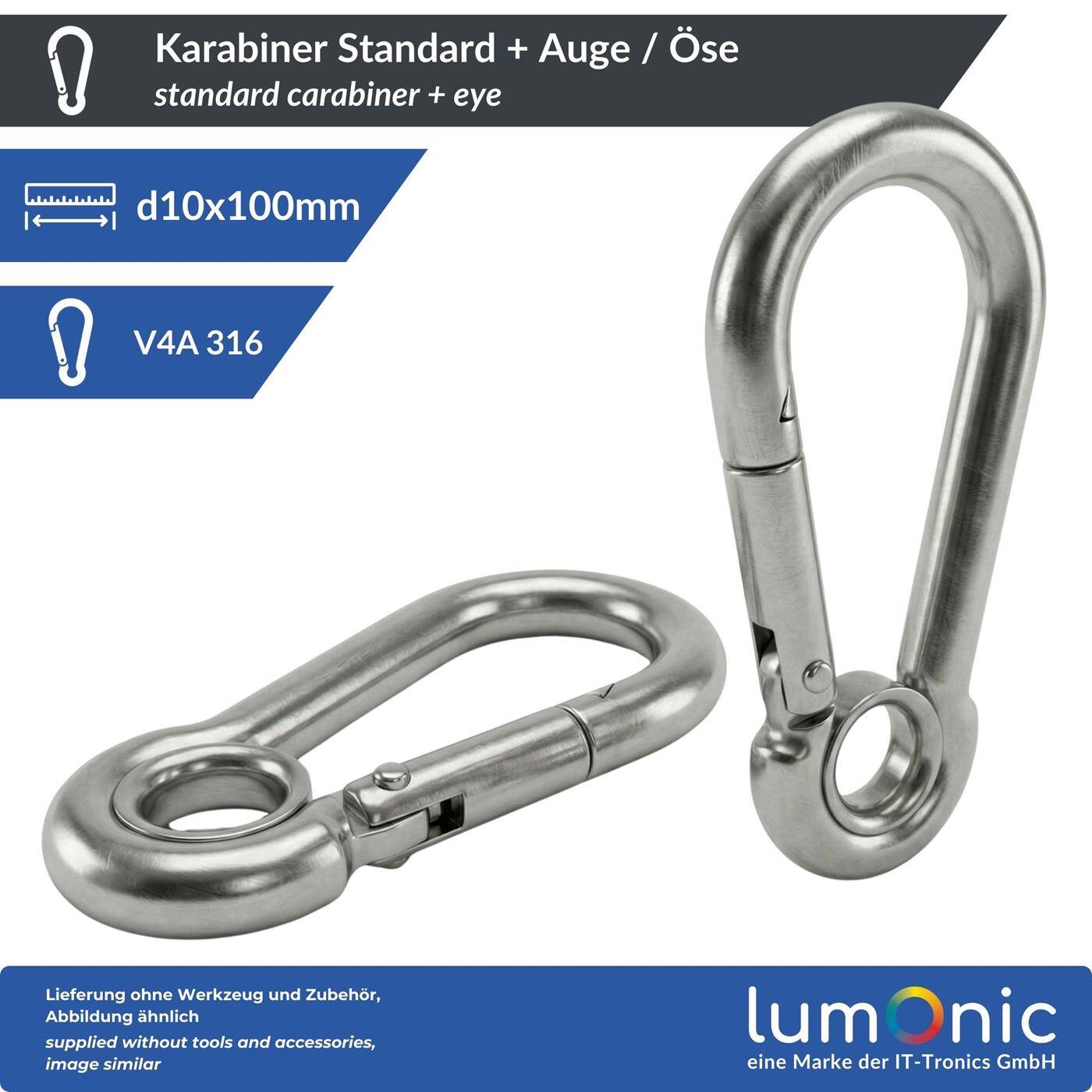 Carabiner with eye V4A stainless steel 10x100mm Stainless + seawater resistant Prevents annoying twisting for awning hammock dog camping