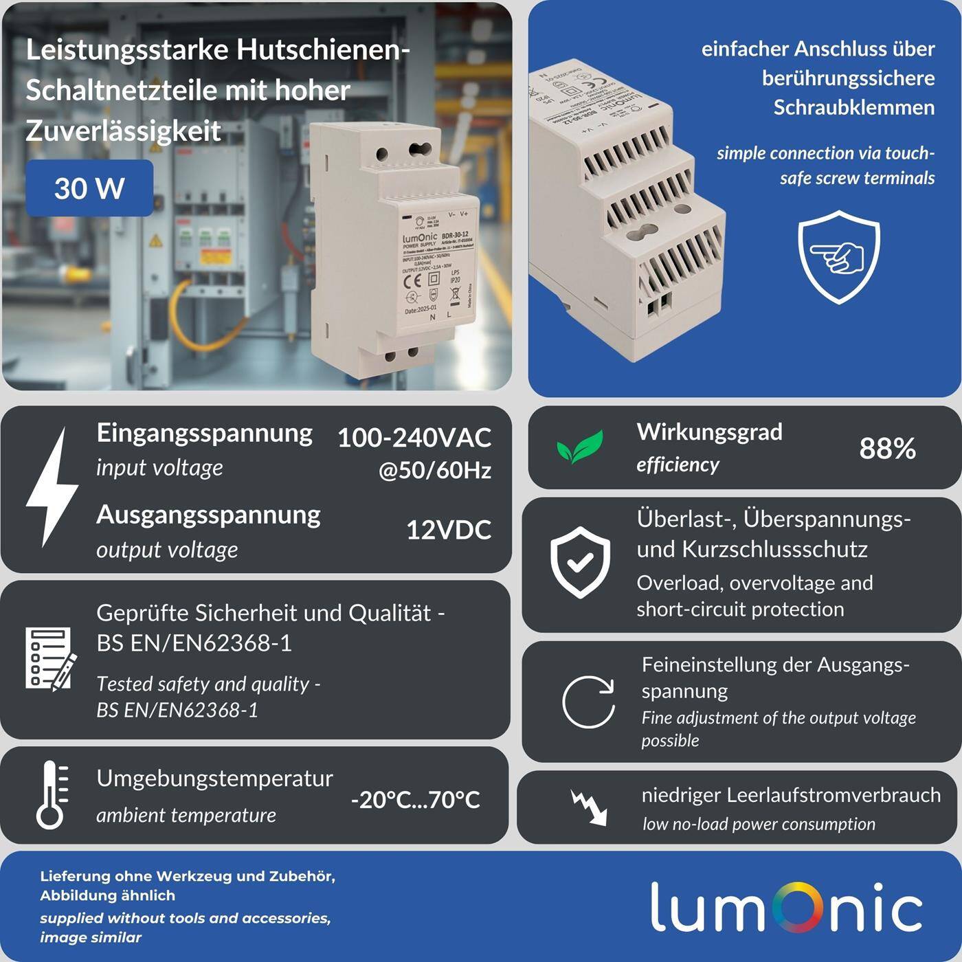 Lumonic I Netzteil Hutschiene BDR-30-12 I 12V / 30W I Input 100-240VAC I Überlastschutz & kurzschlussfest I DIN-Rail Schaltnetzteil I Schaltschrank & Verteilerkasten