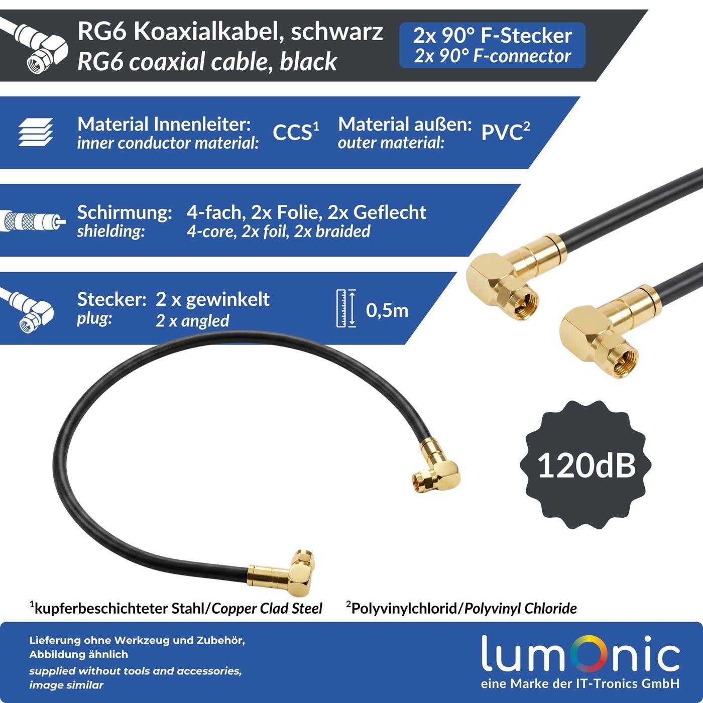 Lumonic 0,5m Antennenkabel RG6 | 2x vergoldete F-Stecker 90 ° gewinkelt | schwarz | 4-fach geschirmt 120dB | fertig konfektioniert | Koaxialkabel, Sat Kabel, DVB-T2, Kabelinternet