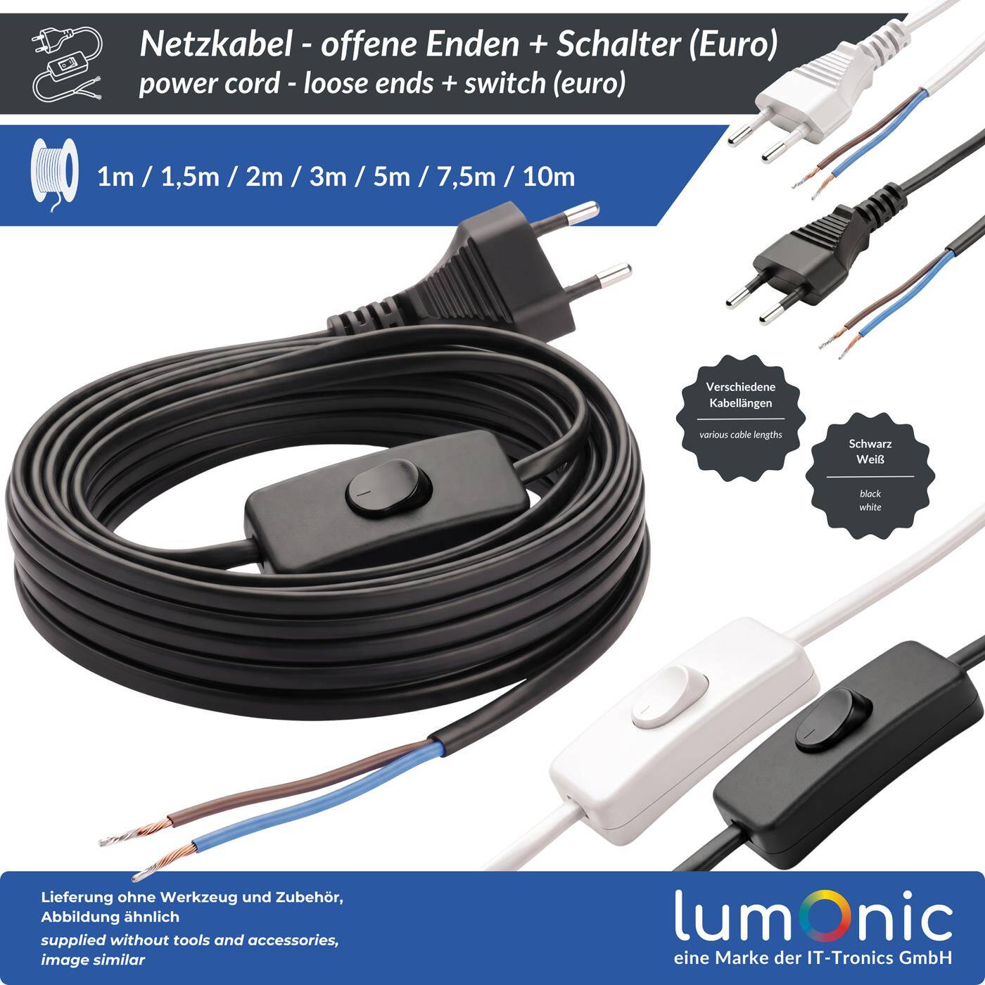 Lumonic Euro Power Cord with Switch and Open Ends, Black, 3 m, 230 V — Switch located directly on the cord makes it easy to turn lamps and decorations on and off; tinned open ends; kink protection on the Euro plug