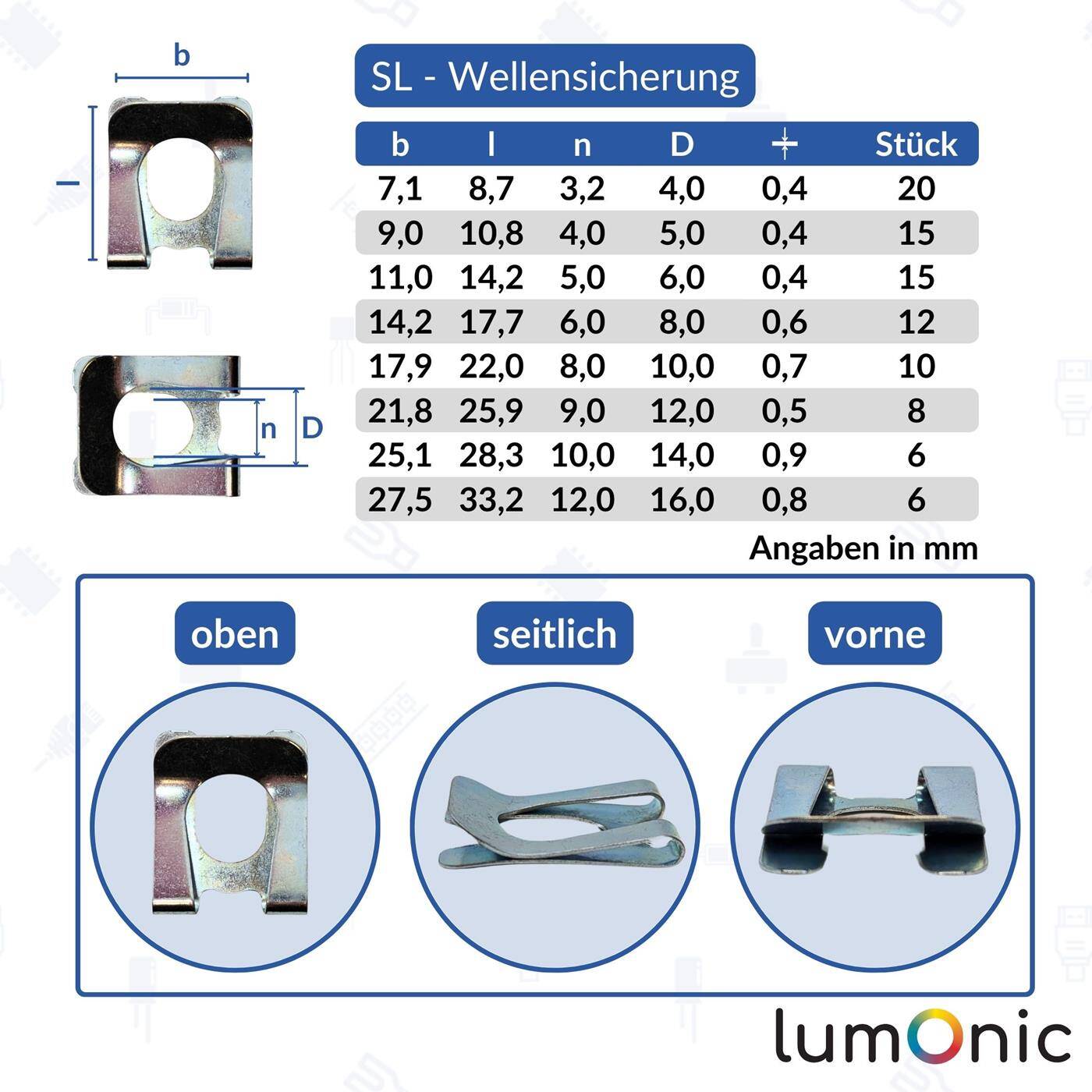 Lumonic I SL-Sicherungen Set I 92 Teile I 4-16mm I verzinkter Federstahl I für Wellen und Bolzen I Wellensicherung Sortiment I einfache, werkzeuglose Montage