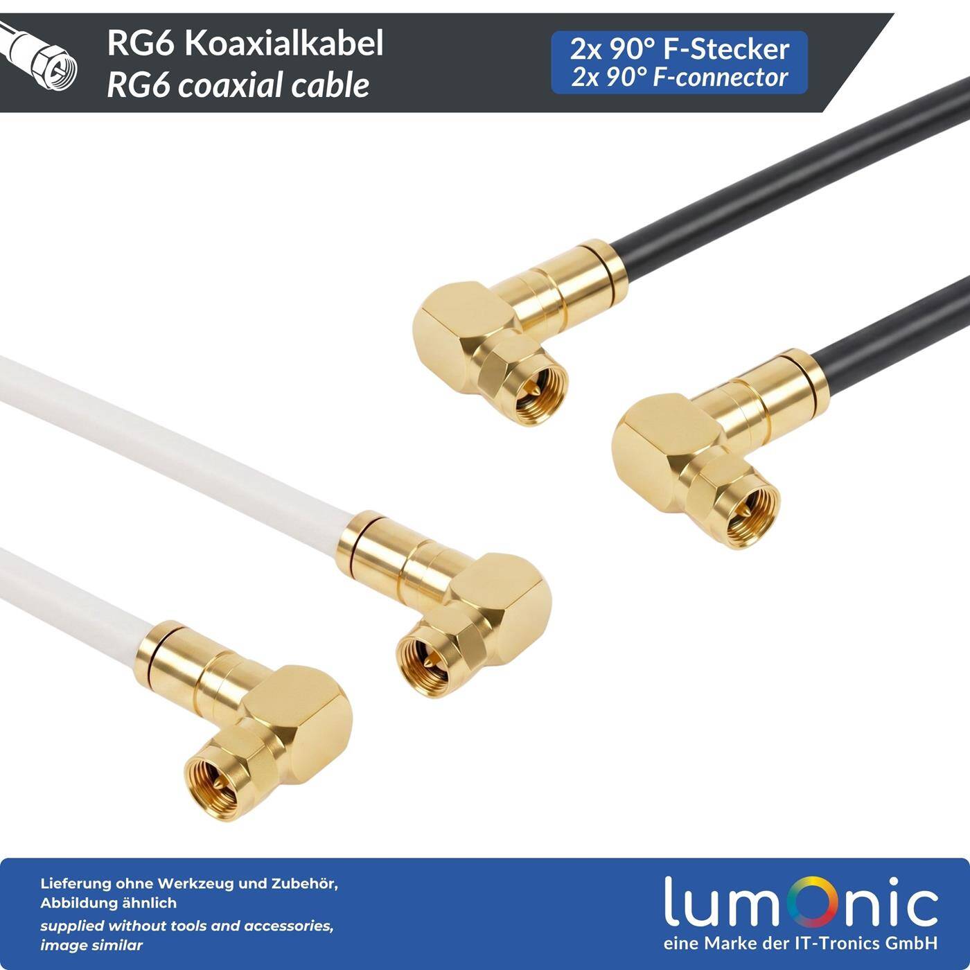 Lumonic 5m Antenna cable RG6 | 2x gold-plated F plugs angled at 90° | black | 4-fold shielded 120dB | ready-made | Coaxial cable, satellite cable, DVB-T2, cable internet