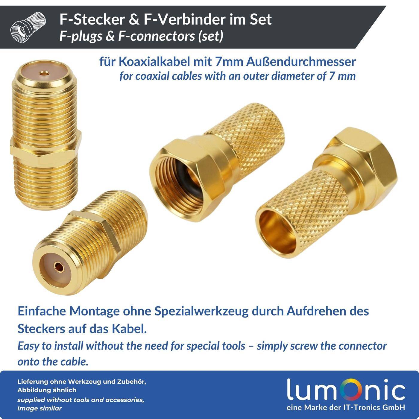 Lumonic F-Stecker Set vergoldet | 10x F-Stecker 7mm + 5x F-Verbinder | einfache Verlängerung von Antennenkabel | für Koaxialkabel, SAT Kabel, Kabelinternet