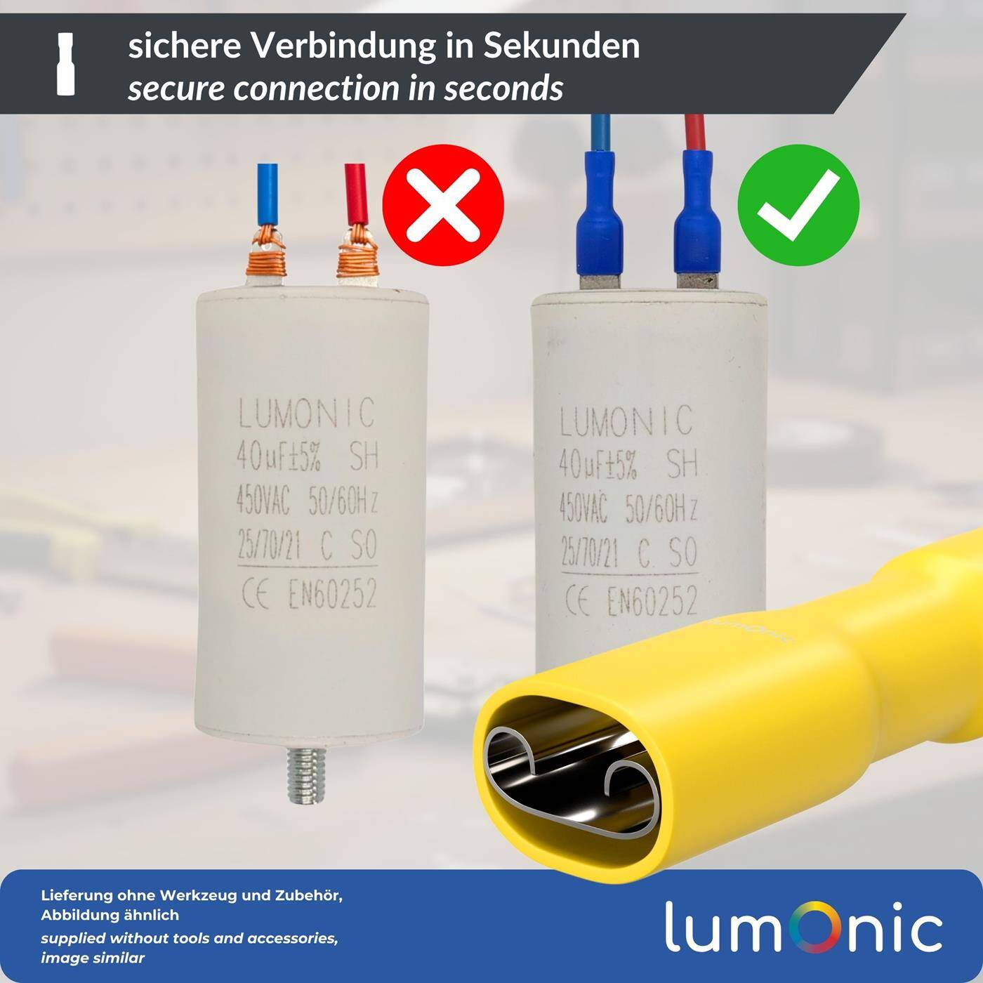 Lumonic 25x Flat receptacle 4,0-6,0mm²  | for flat plug 0,8 x 6,4mm | Fully insulated | Cable connector without soldering | Tin-plated brass cable lug | Automotive, mechanical engineering