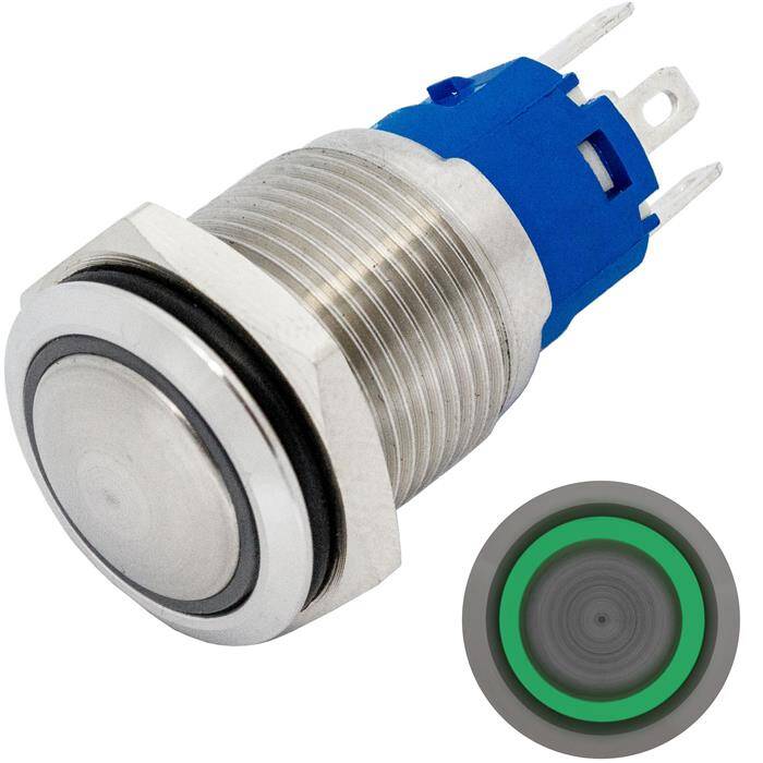 Stainless steel Pressure switch domed Ø16mm Ring LED Green IP65 2,8x0,5mm Pins 250V 3A Vandal-proof