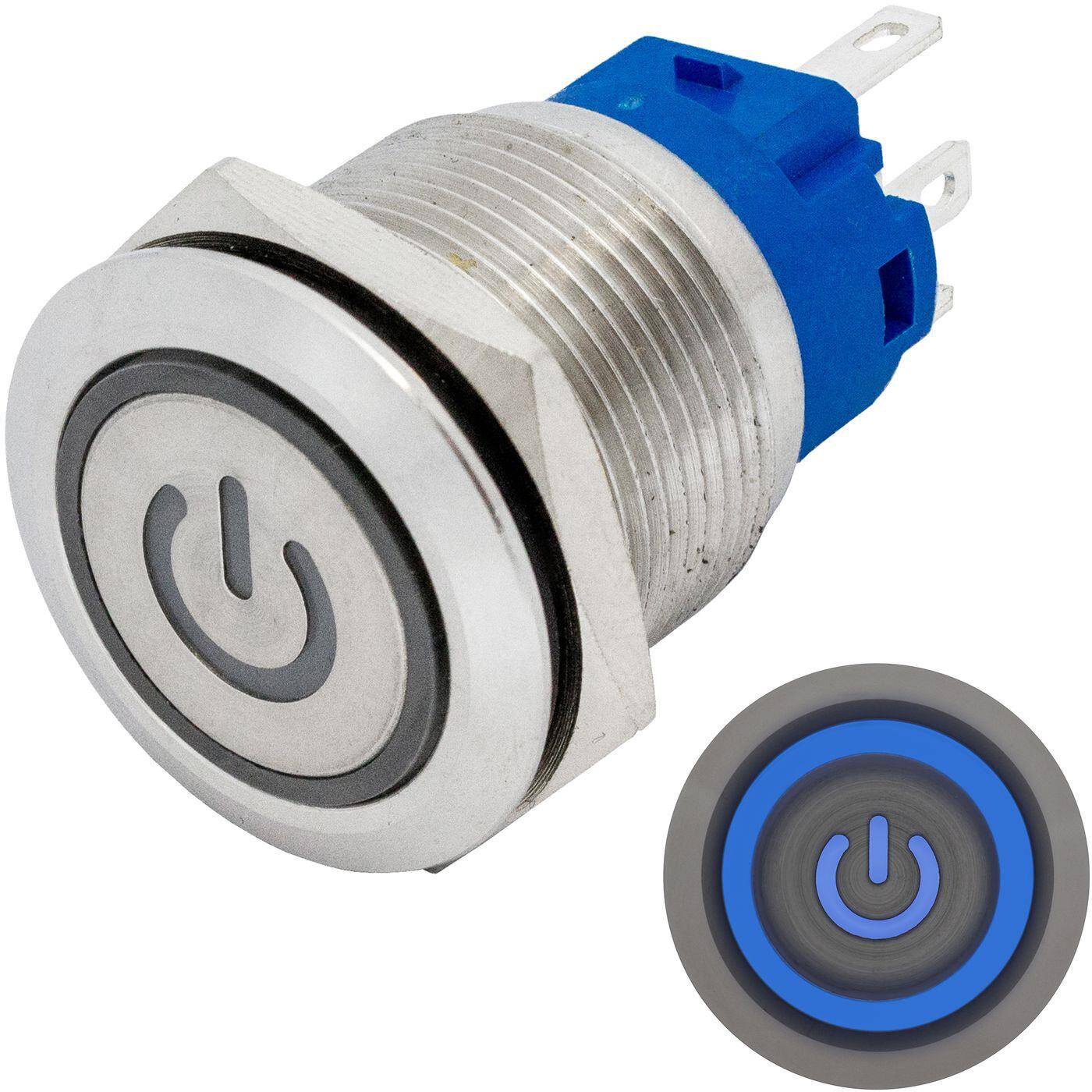 Lumonic Edelstahl Drucktaster flach 19mm Durchmesser I Mit einer Power LED in Blau Maße: 2,8x0,5mm Pin s 250V 3A I Vandalismussicher nach dem IP65 Standard