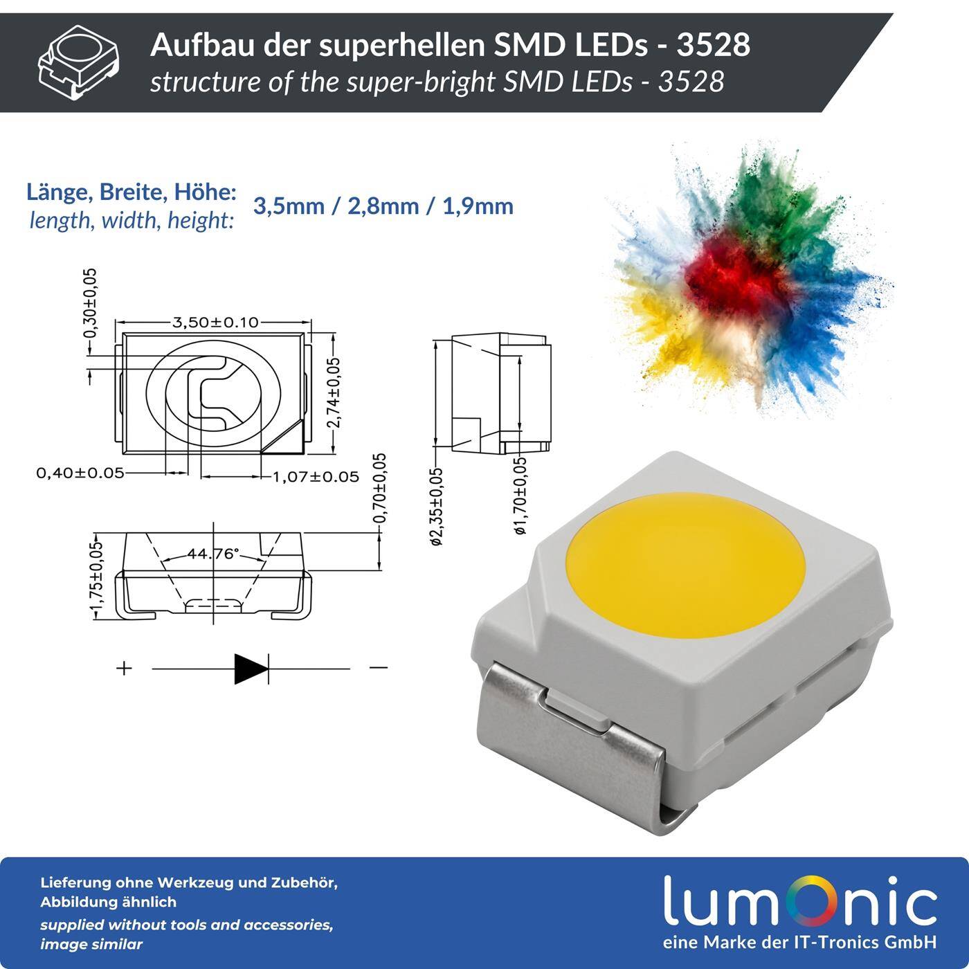 Lumonic 50x Superhelle LEDs vom Typ SMD 3528 PLCC2 - High Power LEDs zum selber Löten DIY in Farbe Kalt-Weiß 6000K - Maße: 3,5x2,8mm