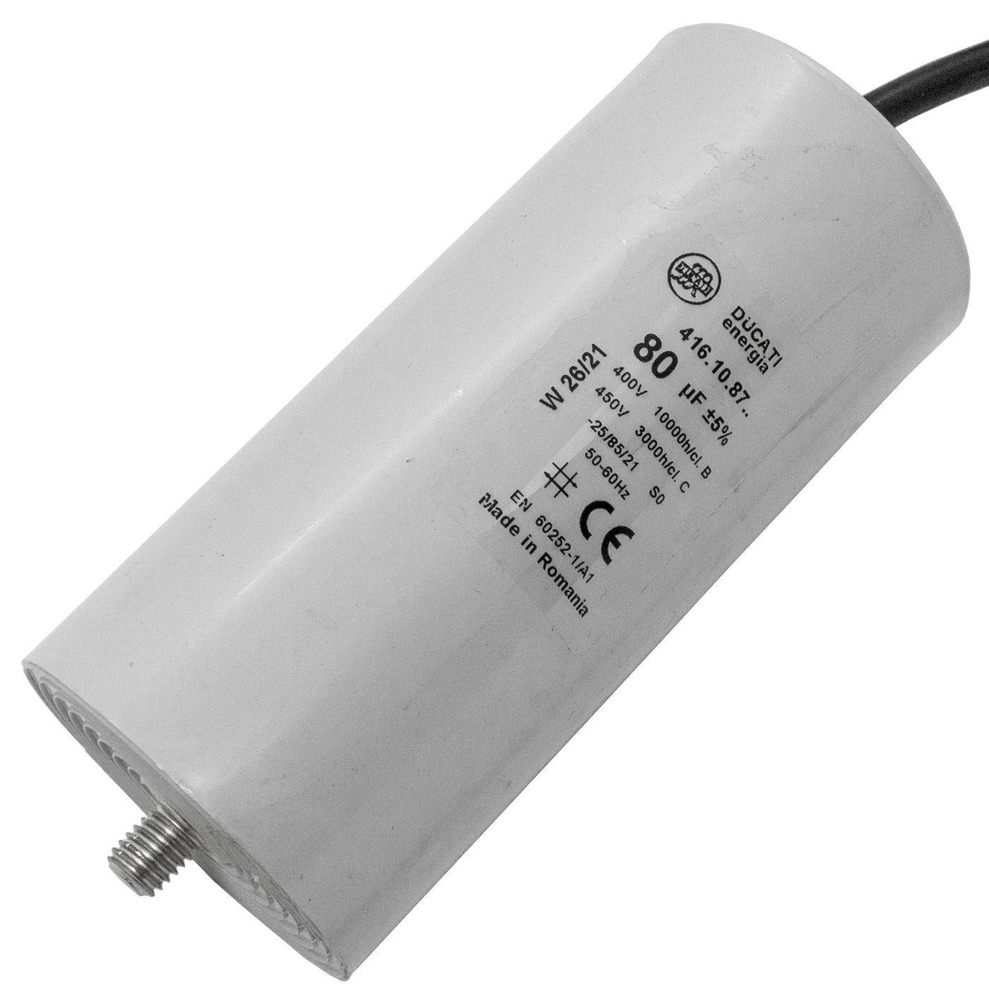 Anlaufkondensator Motorkondensator 80µF 400V 55x119mm Kabel 35cm Ducati 416.10.87 B 80uF