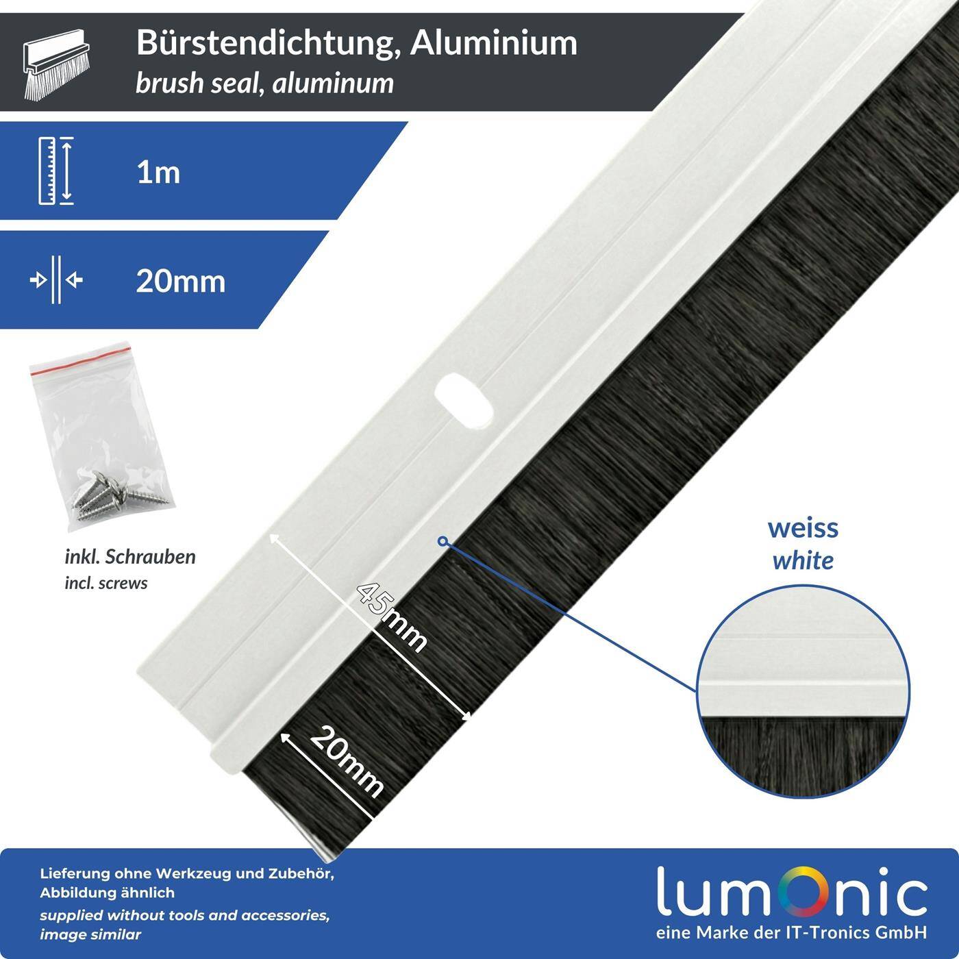 Lumonic 1m Brush seal 20mm | White aluminum profile | Saves heating costs | Screwable + Can be cut to size | Door bottom seal as draught excluder, cold protection, insect protection for doors