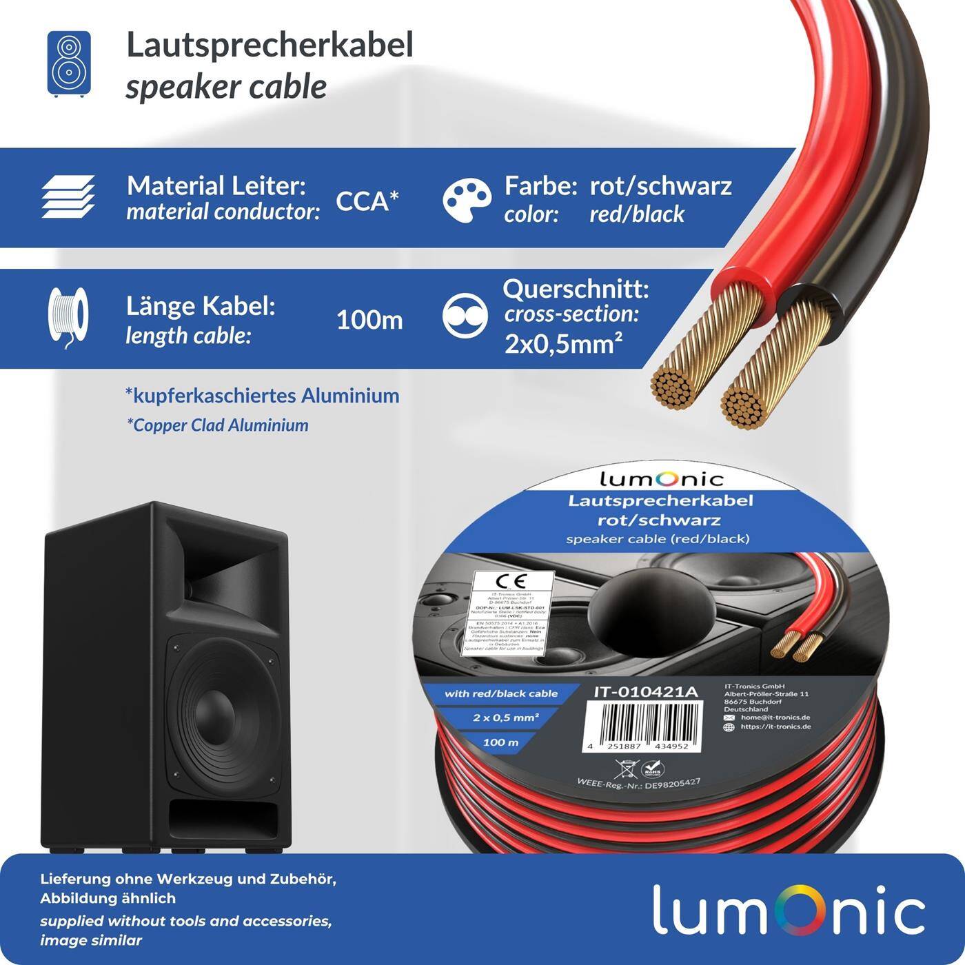 Lumonic Speaker cables | 100m Red Black | 2x 0,5mm² CCA | HiFi speaker cable | Audio twin line