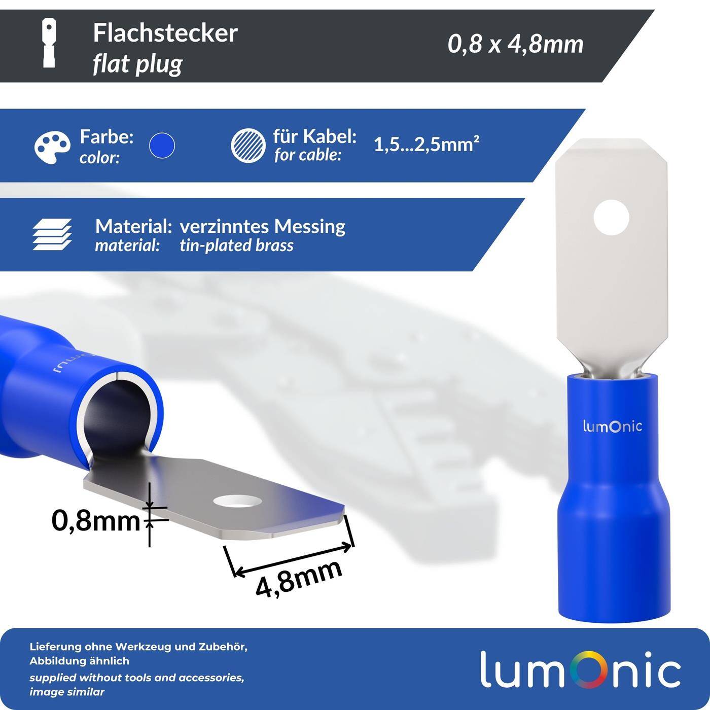 25x Flachstecker teilisoliert 1,5-2,5mm² Steckmaß 0,8x4,8mm Blau Steckverbinder Messing verzinnt
