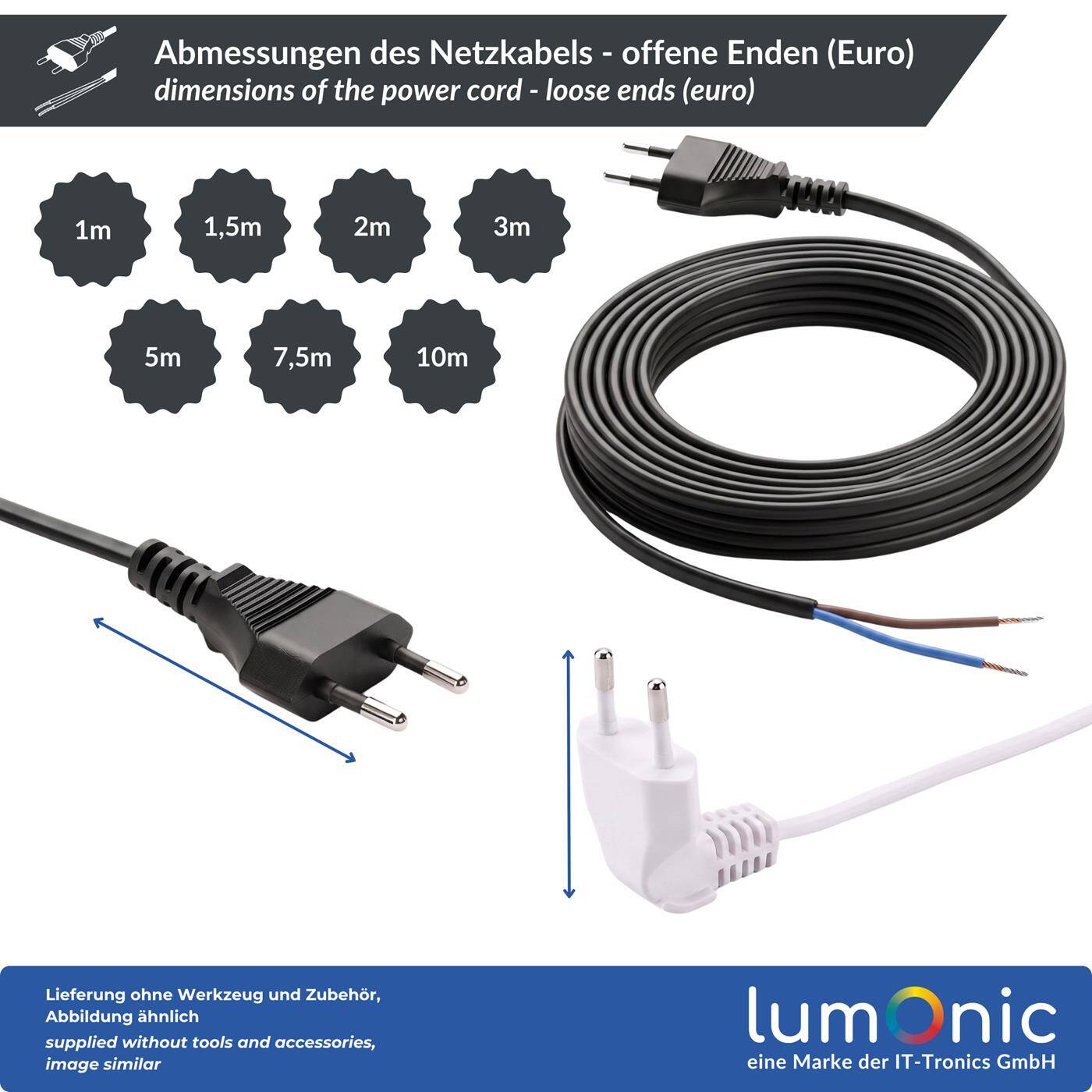 Lumonic Euro-Netzkabel mit Offenen Enden, Verzinnt, Schwarz 2 m, 230 V - Verzinnte anschlussfertige Enden, Reparatur von Leuchten und Deko, Knickschutz am Stecker, Eurostecker für jede Steckdose