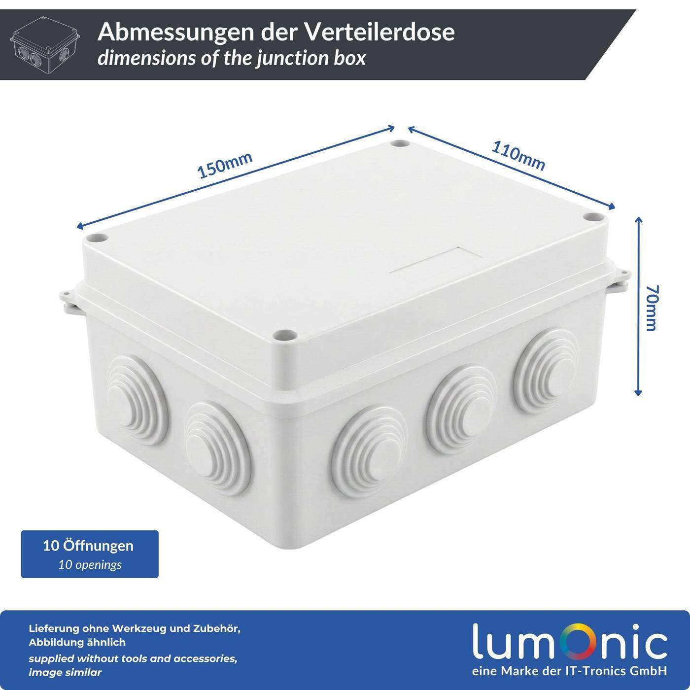 Lumonic Verteilerdose Aufputz IP65 Weiß | 150x110x70mm, 10 Kabeleinführungen | Deckel verschraubt | Hochwertiges PVC | Innenraum, Keller, Garage, Gartenbereich