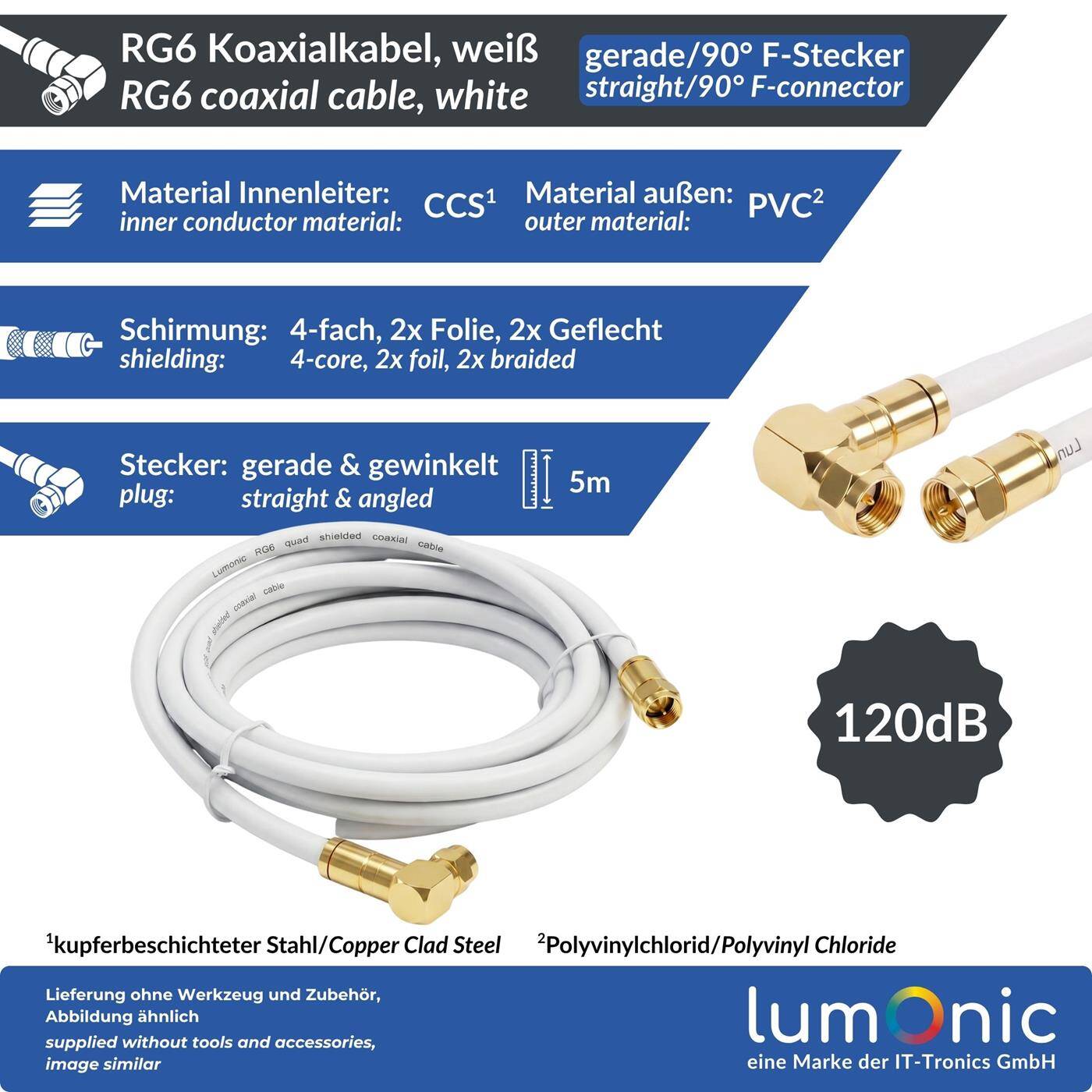 Lumonic 5m Antenna cable RG6 | Gold-plated straight &amp; 90° angled F plugs | White | 4-fold shielded 120dB | ready-made | Coaxial cable, satellite cable, DVB-T2, cable internet
