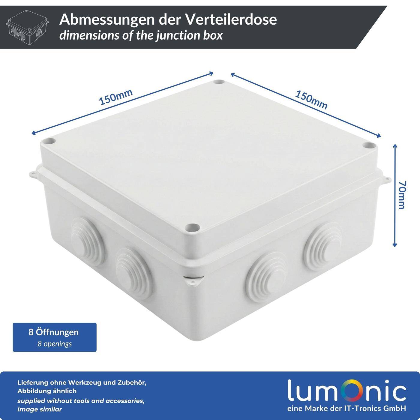 Lumonic Surface-mounted junction box IP65 White | 150x150x70mm, 8 cable entries | Screwed lid | High-quality PVC | Interior, cellar, garage, garden area