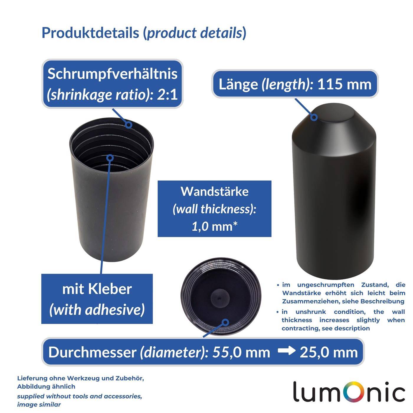 Heat-shrink end cap with adhesive 55 -> 25mm black Ratio 2:1 cross-linked polyolefin Shrink cap for cables, pipes and ropes