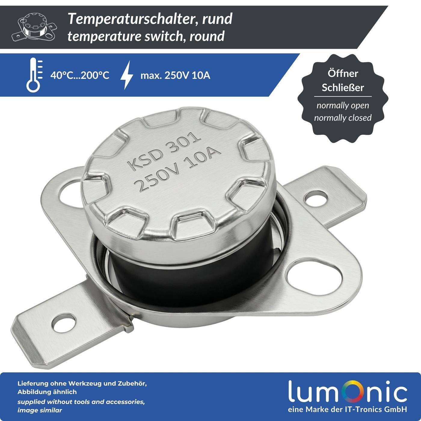 Lumonic KSD301 Temperaturschalter rund | 45°C ± 5°C | Öffner NC | max. 250V AC/10A | Flachstecker | Ø15×12mm | Thermoschalter, Bimetall | Kaffeemaschinen, Bügeleisen, Backöfen, Heizungen