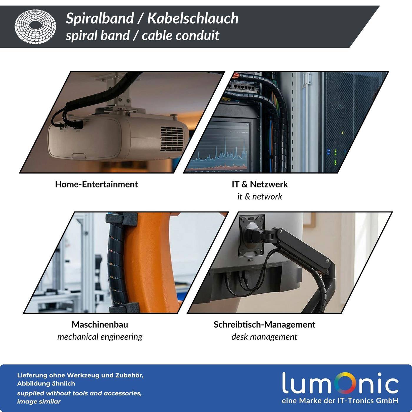 Spiralband 12mm , 10m, Kabelschlauch für Kabel 9-65mm, flexibel, robust & zuschneidbar, Schreibtisch, KFZ, Industrie