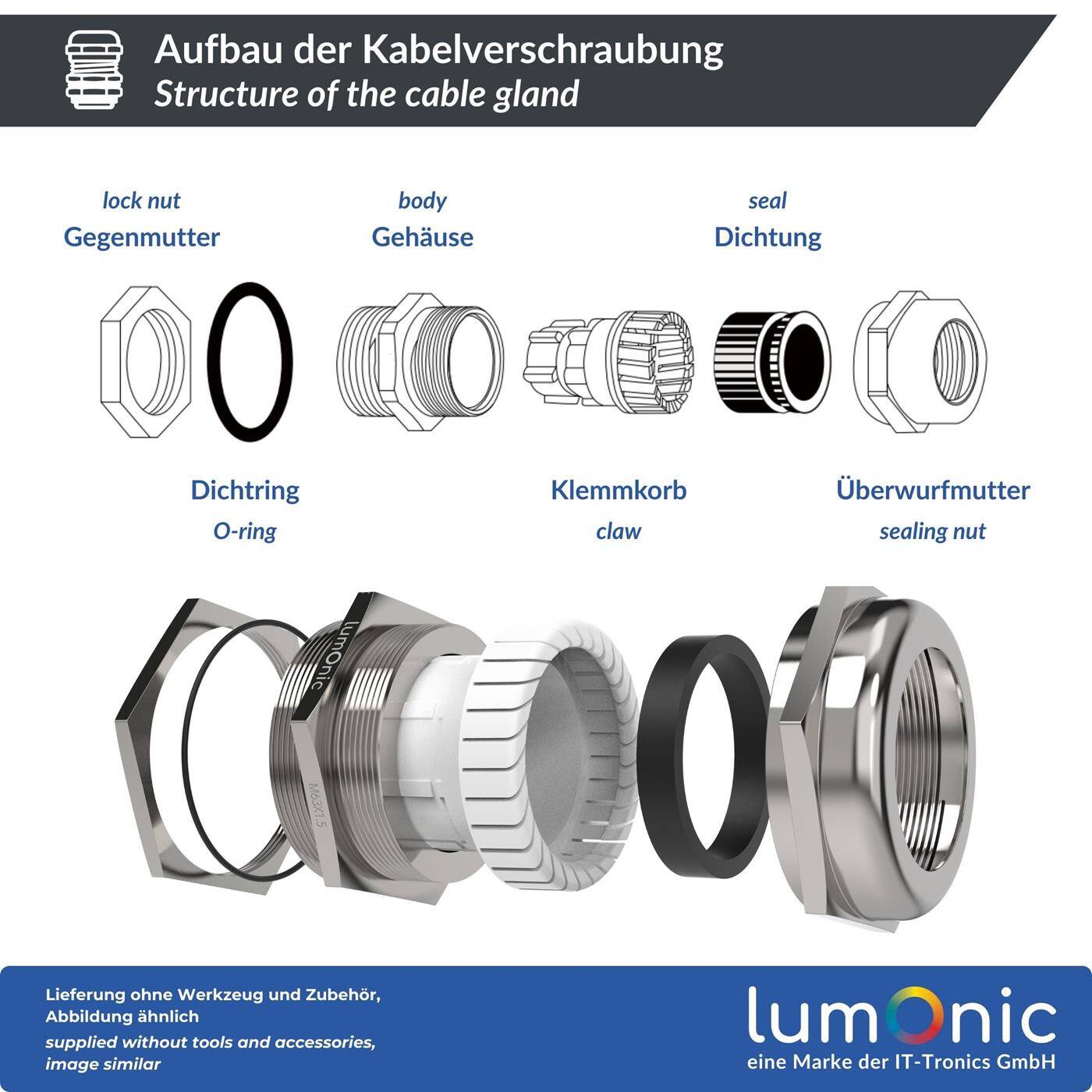 Lumonic Metal cable gland M63 | Clamping range 37-44mm | IP68 | with locknut | Nickel-plated brass, EMC | -40...+100°C | corresponds to PG48