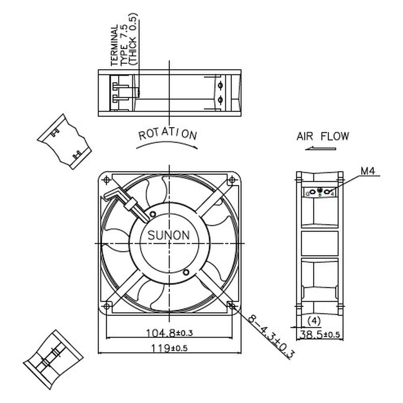 Lüfter 230V AC 9,9W 120x120x38mm 134,2m³/h 2400U/Min 134,2m³/h Sunon DP202A2123MBT-S