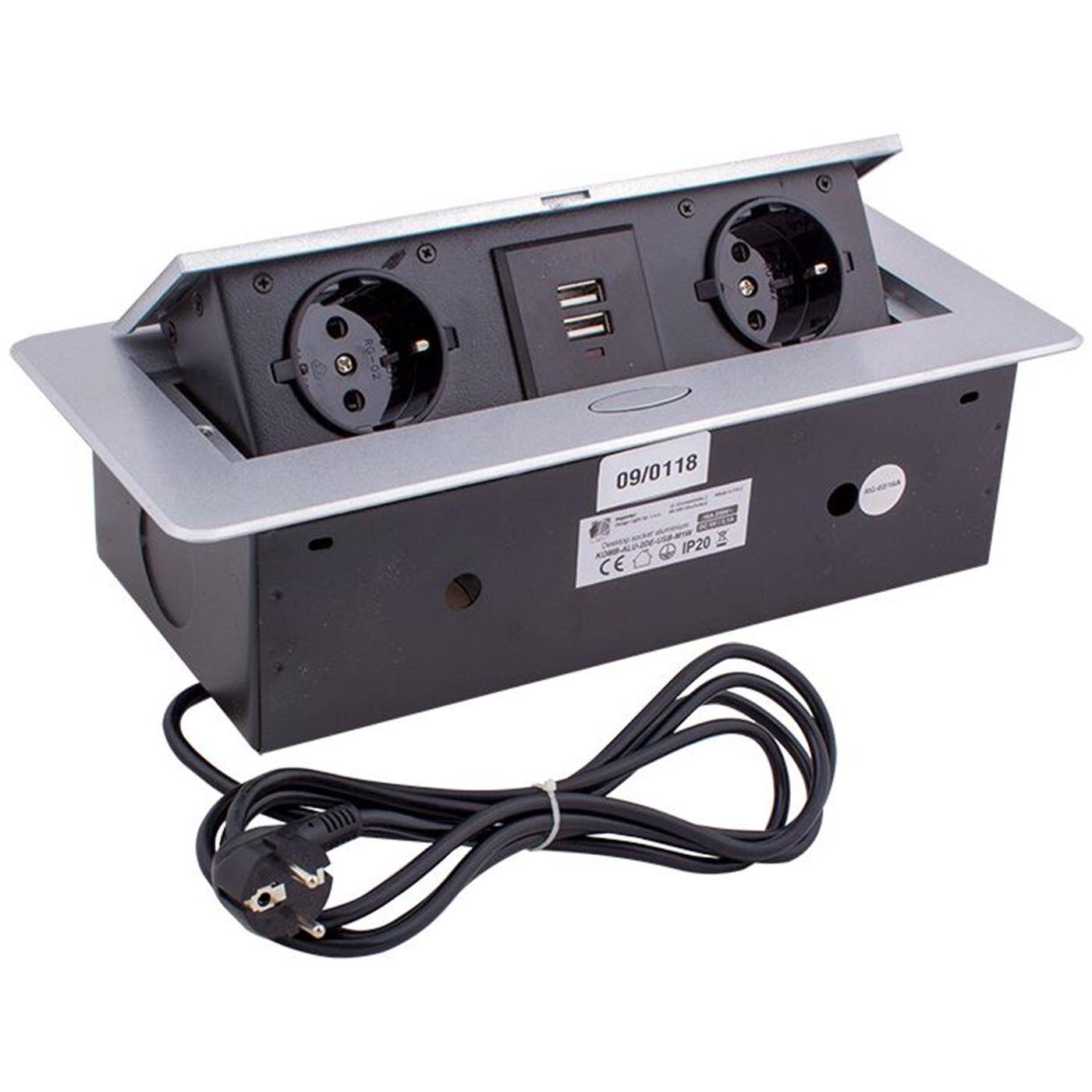 KombiBox 2x Protective contact Socket outlet + 2x USB 2,4A Table socket outlet Hinged cover Aluminium