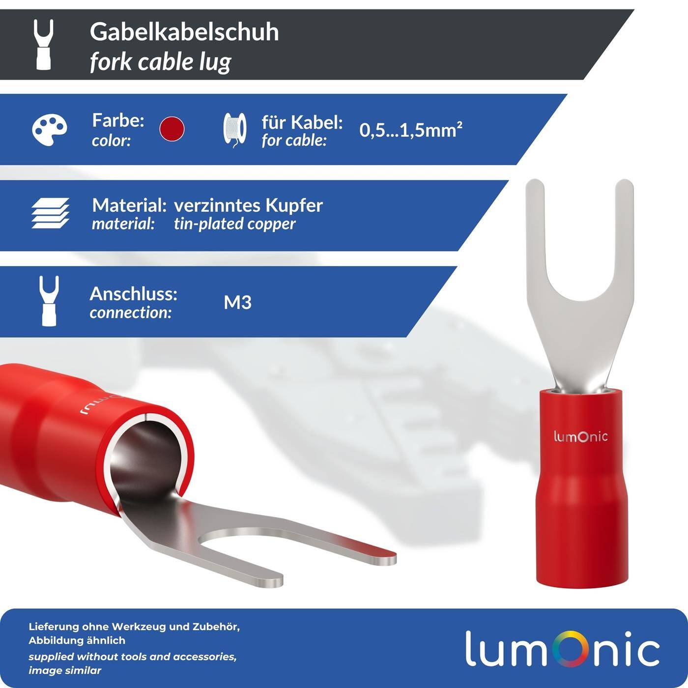 Lumonic 25x Gabelkabelschuh 0,5-1,5mm² teilisoliert | M3 | Kupfer verzinnt | sichere Kabelverbindung ohne Löten | Set mit 25 Stück Crimp-Kabelschuh, Quetschverbinder | KFZ, Maschinenbau, Wohnmobil, Batterie