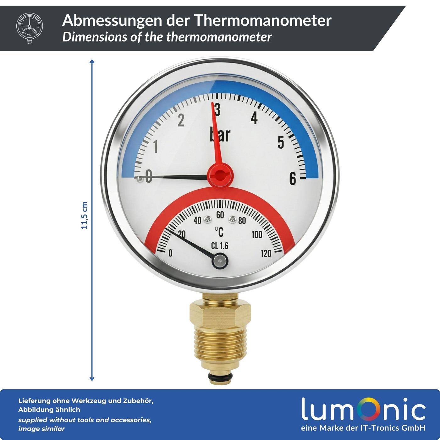 Thermomanometer 6bar 0-120°C 1/4 + 1/2 inch (adapter) Bottom connection Ø 80mm large scale Heating pressure gauge Metal housing