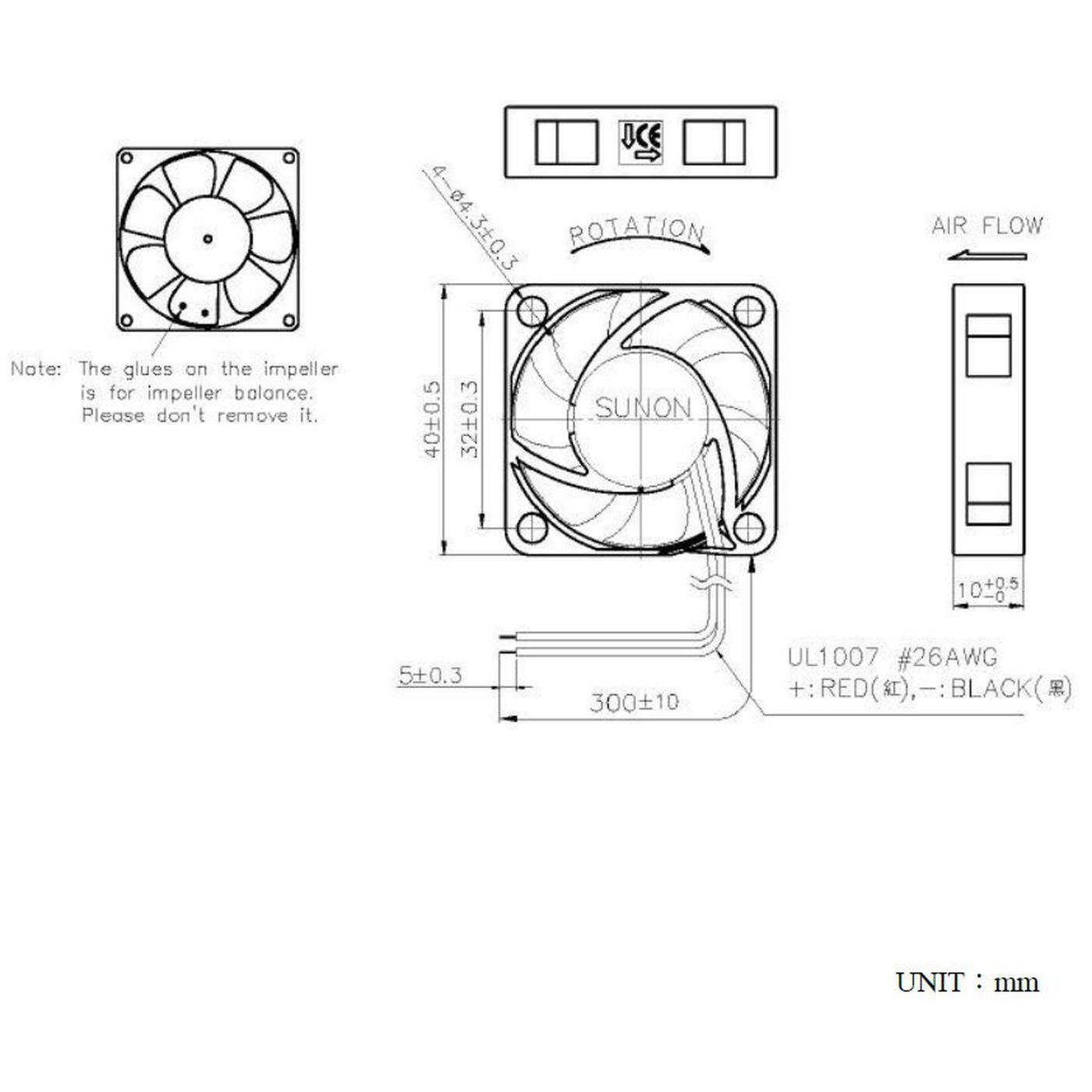 Fan 12V DC 0,96W 40x40x10mm 12m³/h 6100U/Min 12m³/h Sunon EE40101S21000U999