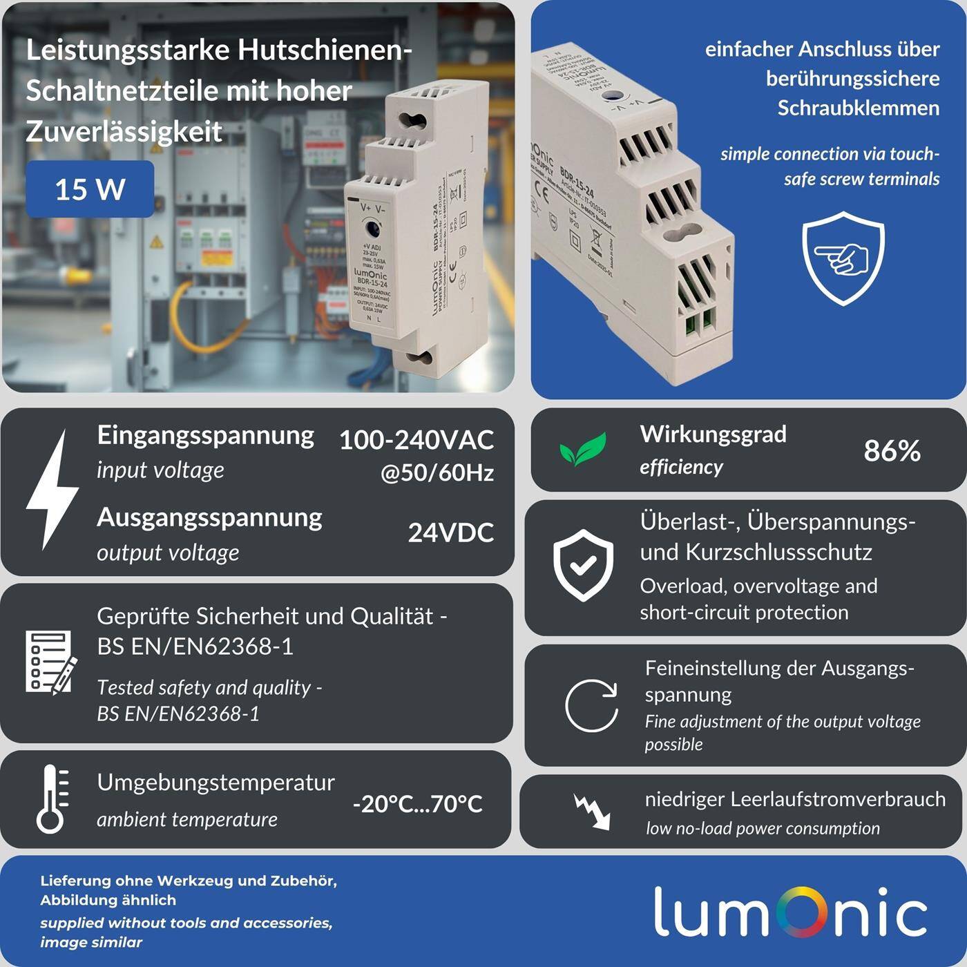 Lumonic I Top-hat rail power supply unit BDR-15-24 I 24V / 15W I Input 100-240VAC I Overload protection I DIN-Rail switching power supply I Switch cabinet