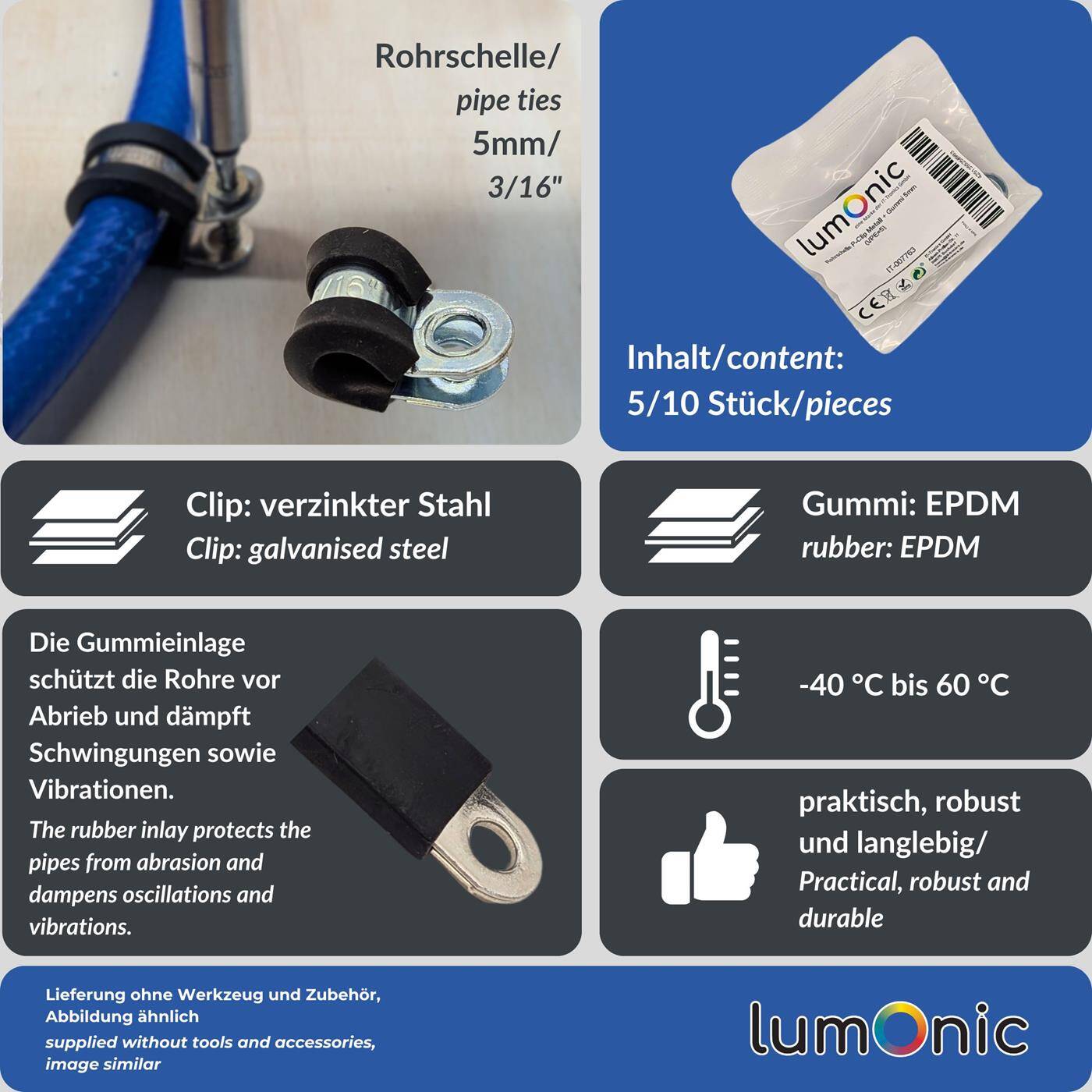 Lumonic 5x 5mm Rohrschellen mit Gummieinlage I Kabelschellen zum Schrauben I Schlauchschelle 5mm, Rohrschellen, Befestigungsschelle 5mm, Rohrhalterung