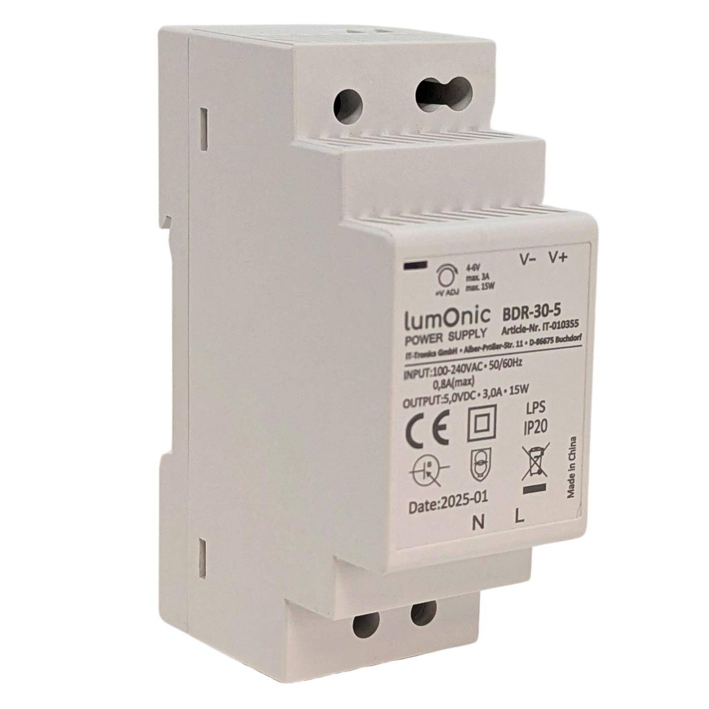 Lumonic I Top-hat rail power supply unit BDR-30-5 I 5V / 15W I Input 100-240VAC I Overload protection I DIN-Rail switching power supply I Switch cabinet