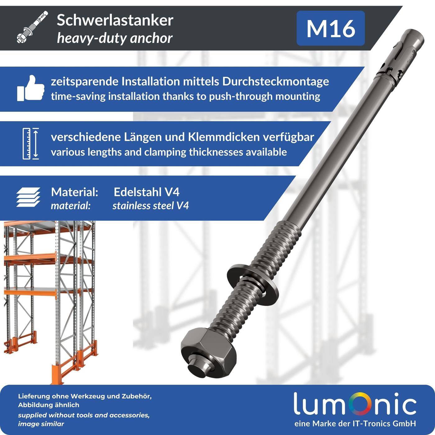 Lumonic Schwerlastdübel M16 x 280mm | hochwertige Edelstahl V4A Keilanker | Durchsteckmontage,  | Betonanker, Schwerlastanker | für Überdachungen, Geländer, Regale, Trennwände