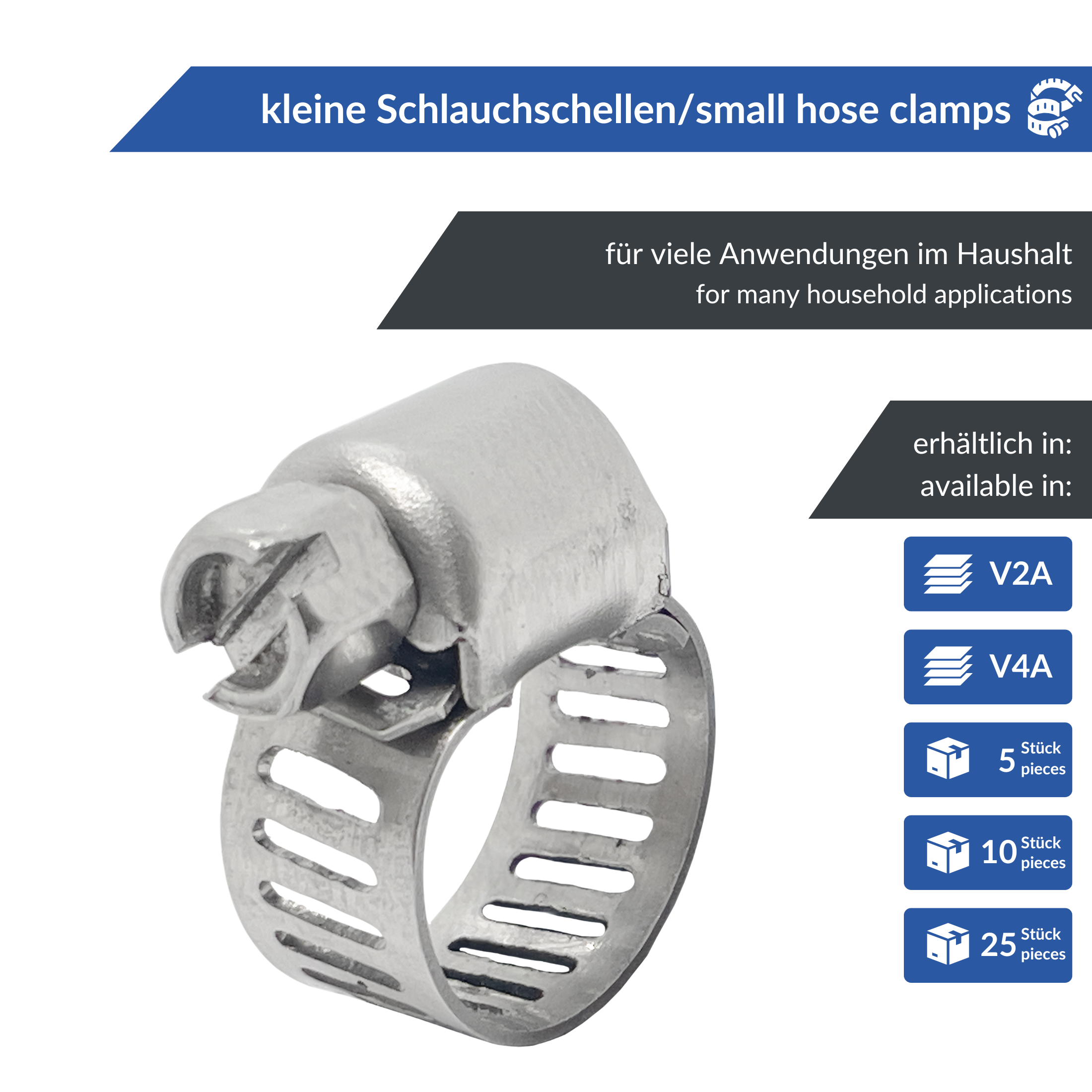 Bild einer kleinen metallischen Schlauchschelle mit Schraubmechanismus vor weißem Hintergrund. Der Text neben der Klemme besagt, dass sie für den Hausgebrauch bestimmt ist und in den Materialien V2A und V4A erhältlich ist, mit Verpackungsoptionen von 5, 1