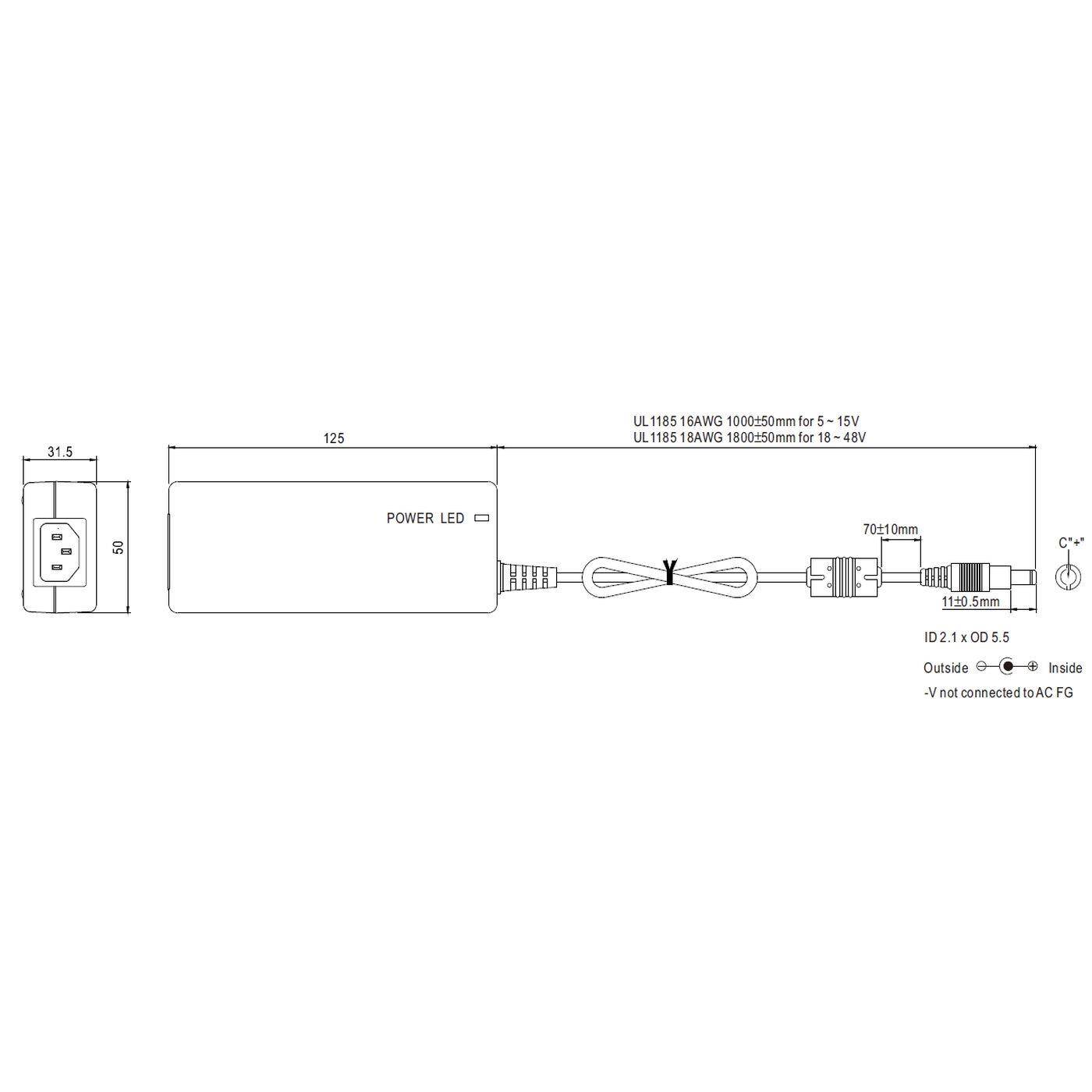 MEAN WELL GST40A12-P1J 40W 12V 3,3A Tischnetzteil Kabel 100cm + DC Stecker (2,1/5,5mm) AC DC Adpater