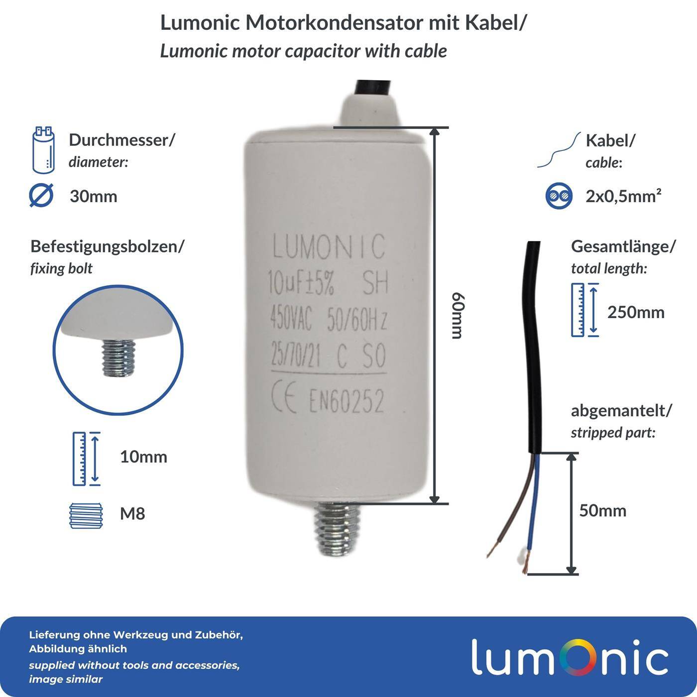 Lumonic Anlaufkondensator 10µF 450V | mit Kabel I 30x60mm I 10uF I Motorkondensator mit Kunststoffgehäuse I Betriebskondensator I für Pumpen, Rasenmäher, Werkzeuge