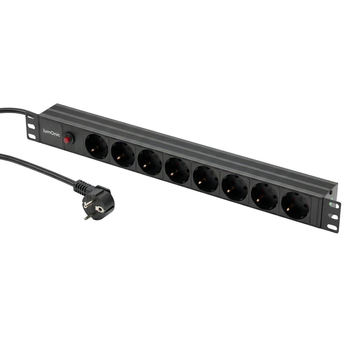Lumonic 19" Steckdosenleiste | PDU 8-fach | Überlastschutz mit Reset-Knopf | 1HE, Aluminiumlegierung, schwarz | 2m Anschlusskabel 3G1,5 | 45° Schuko-Steckdosen | kurzzeitig max. 3680W | Rack, Serverschrank