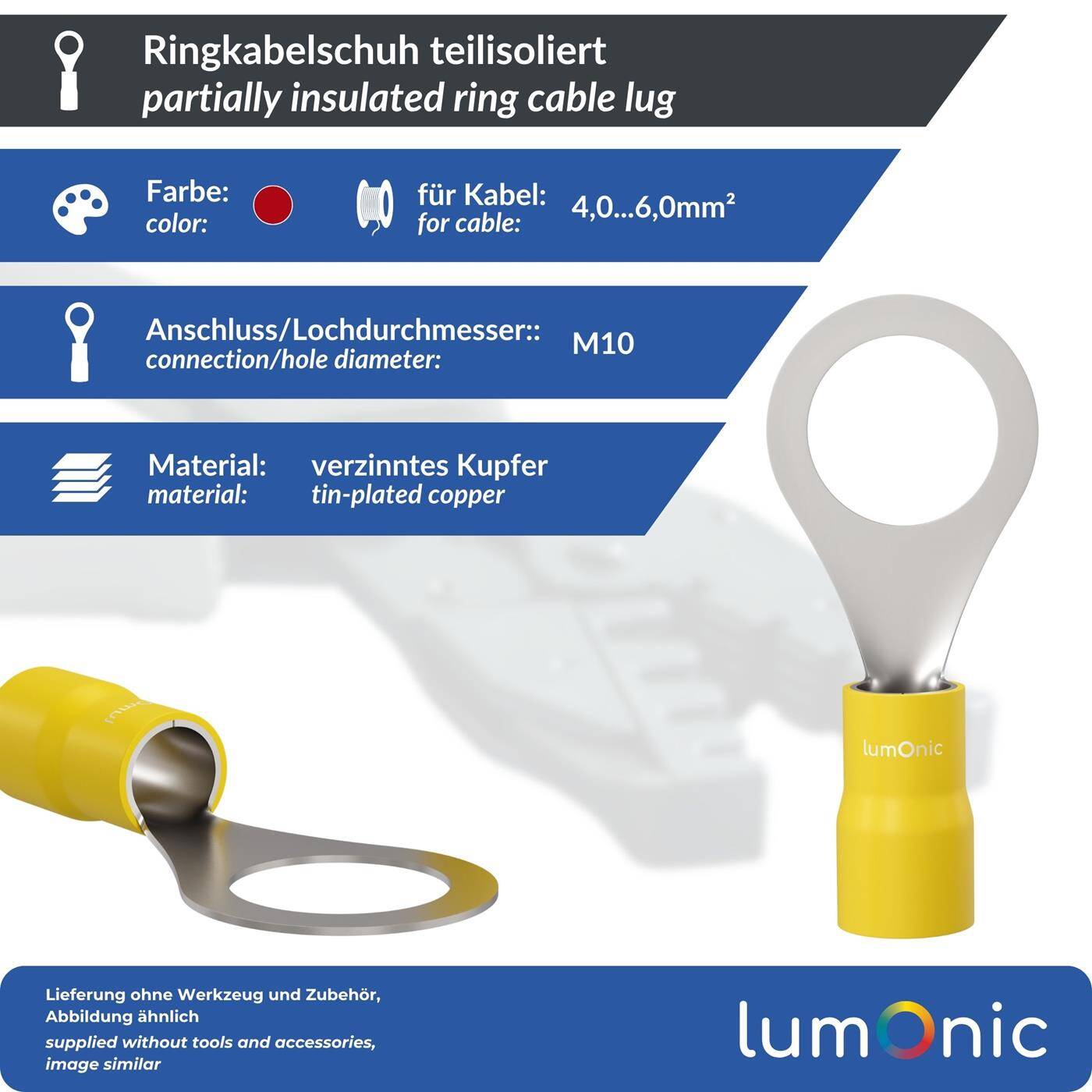 Lumonic 25x Ringkabelschuh 4,0-6,0mm² teilisoliert | M10 | Kupfer verzinnt | sichere Kabelverbindung ohne Löten | Set, Crimp-Kabelschuh, Quetschverbinder, Ringöse | KFZ, Maschinenbau, Wohnmobil, Batterie