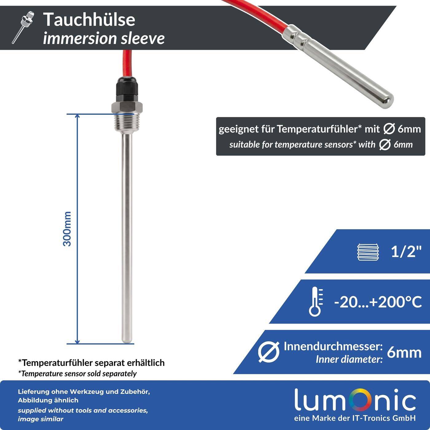 Lumonic Set of 2 immersion sleeves V2A stainless steel 1/2 inch | 300mm Installation length | Perfect fit for 6mm temperature sensors | for buffer storage, heating, solar + smart home