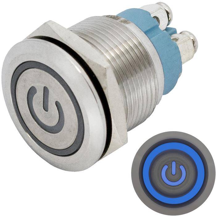 Stainless steel Push button Flat Ø19mm Power LED Blue IP65 Screw Connection 250V 3A Vandal-proof