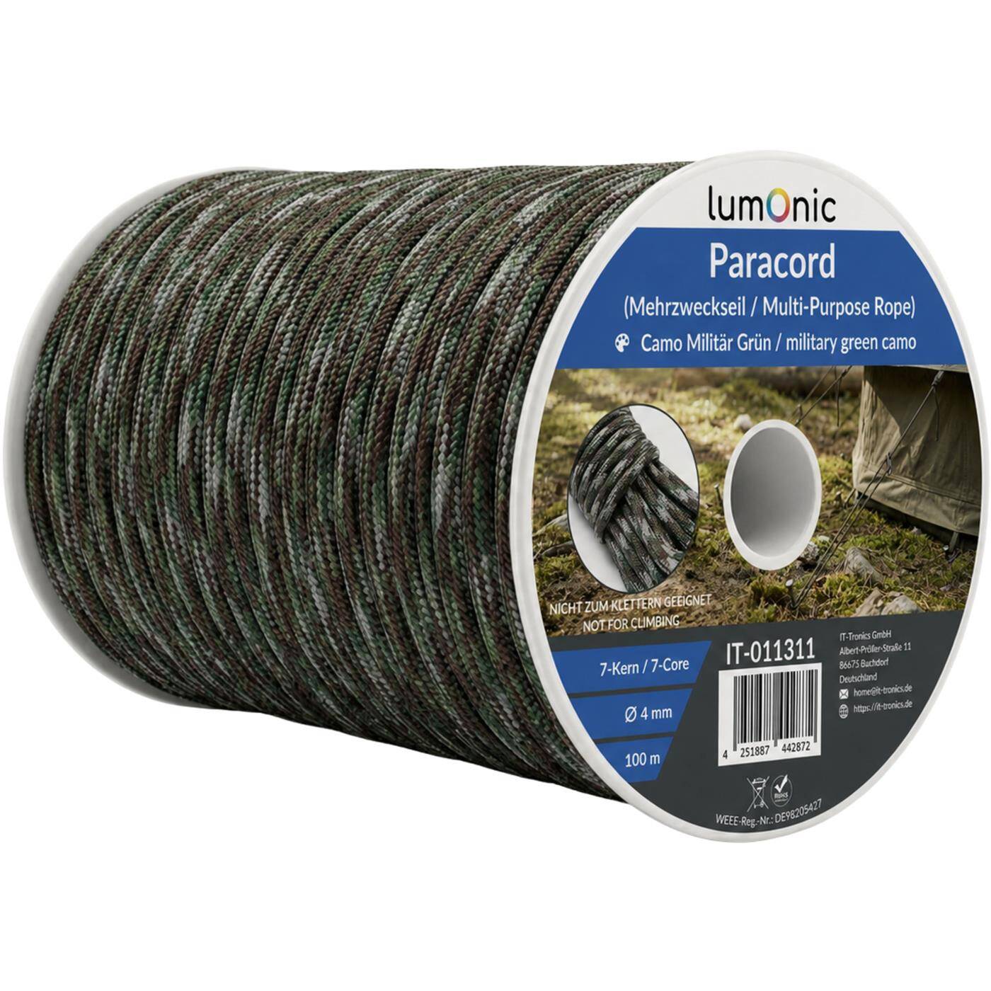 Lumonic 100m Paracord 4mm Camo Militär Grün | 100% Nylon | 7 Kerne, 32 Litzen-Mantel | max. 125kg Tragkraft | Hundeleine, Armband, Outdoor, Bushcraft, Zeltschnur, Makramee