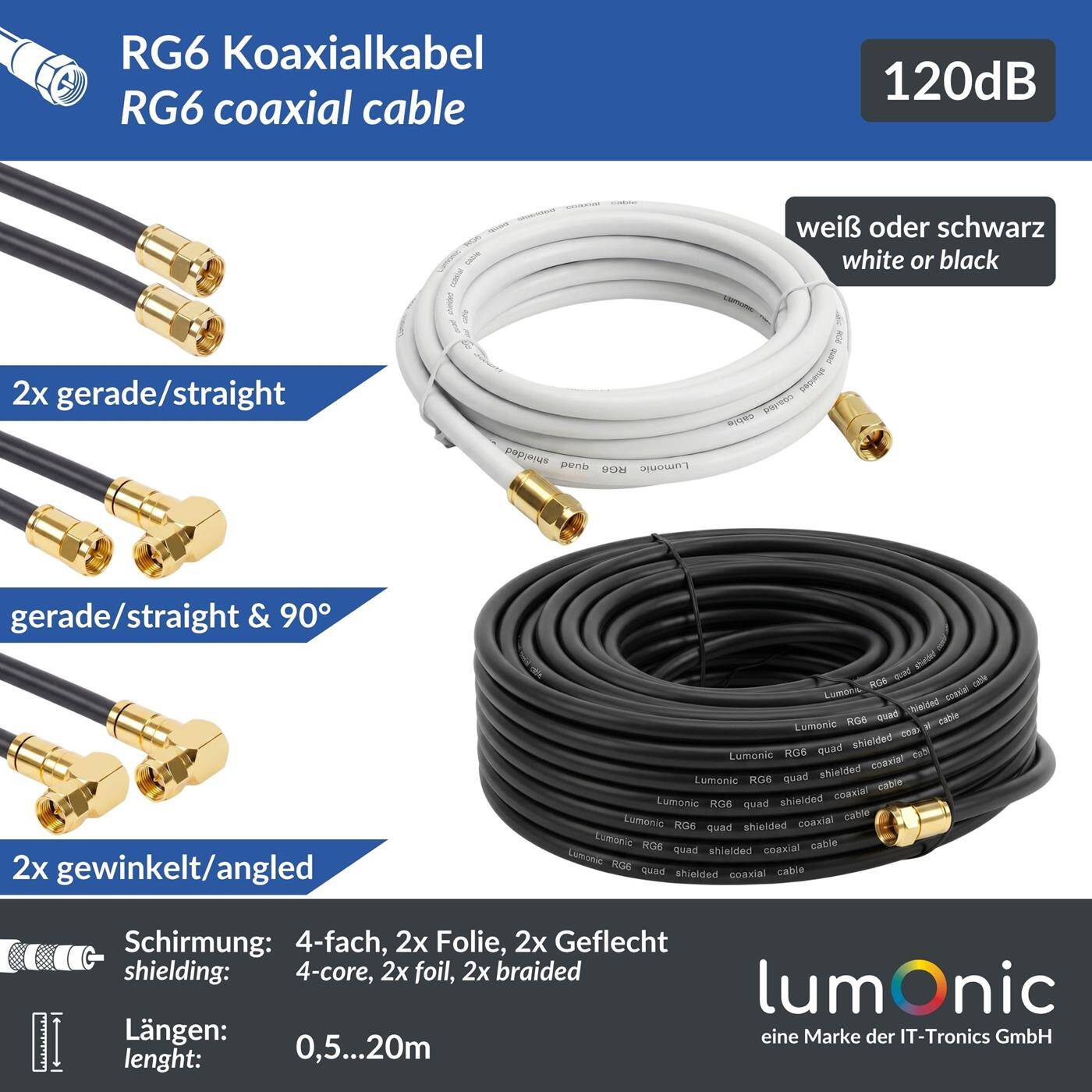 0,5-20m Antennenkabel RG6 vergoldete F-Stecker gerade / gewinkelt 4-fach geschirmt 120dB fertig konfektioniert Koaxialkabel Sat Kabel DVB-T2 Kabelinternet