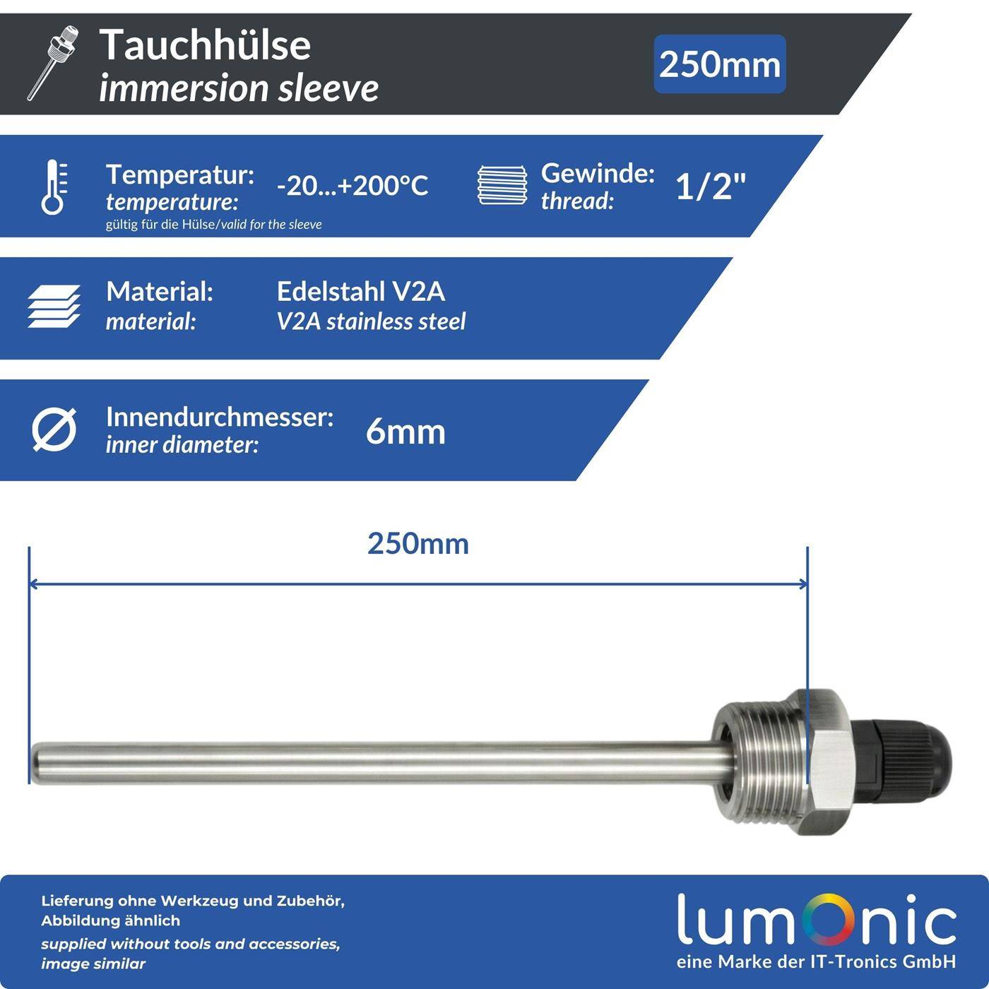 2x immersion sleeve V2A stainless steel 3/4 inch 250mm for 6mm temperature sensor for solar heating buffer tank + Smart Home