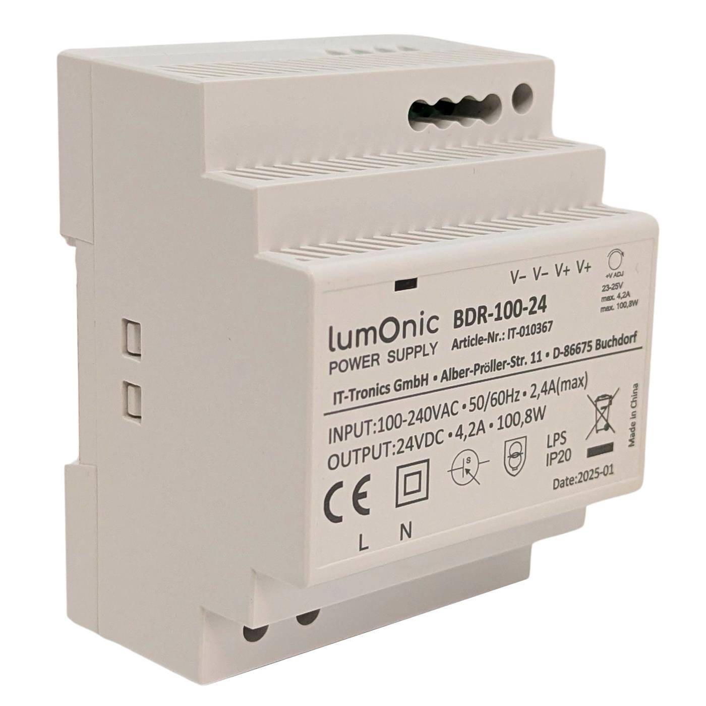 Lumonic I Top-hat rail power supply unit BDR-100-24 I 24V / 100,8W I Input 100-240VAC I Overload protection I DIN-Rail switching power supply I Switch cabinet