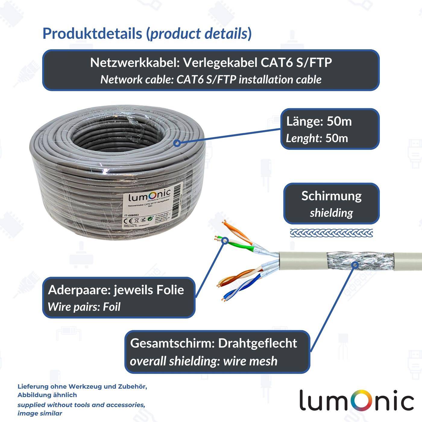 Lumonic 50m Netzwerkkabel CAT 6 S/FTP PIMF I Cat6-kabel, Gigabit Lan Kabel, Ethernet Kabel I Flexibles Verglegekabel geschirmt, für den Innenbereich bis 250 MHz